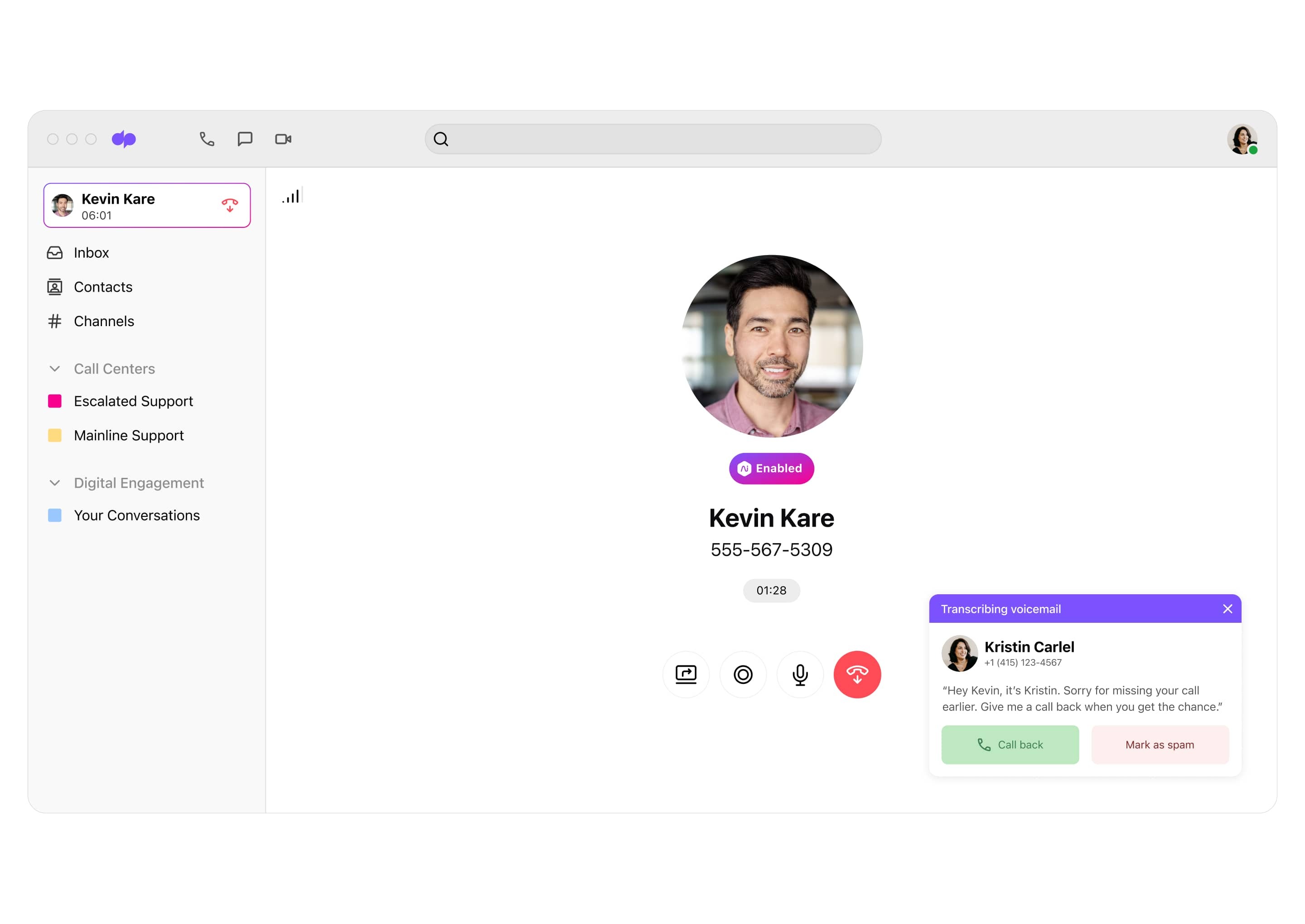 Screenshot of Dialpad's visual voicemail transcription feature.