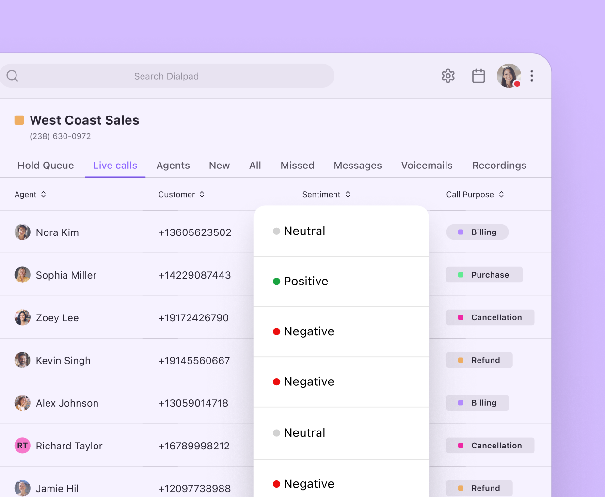 Screenshot of Dialpad AI analyzing the sentiment of multiple calls in real time