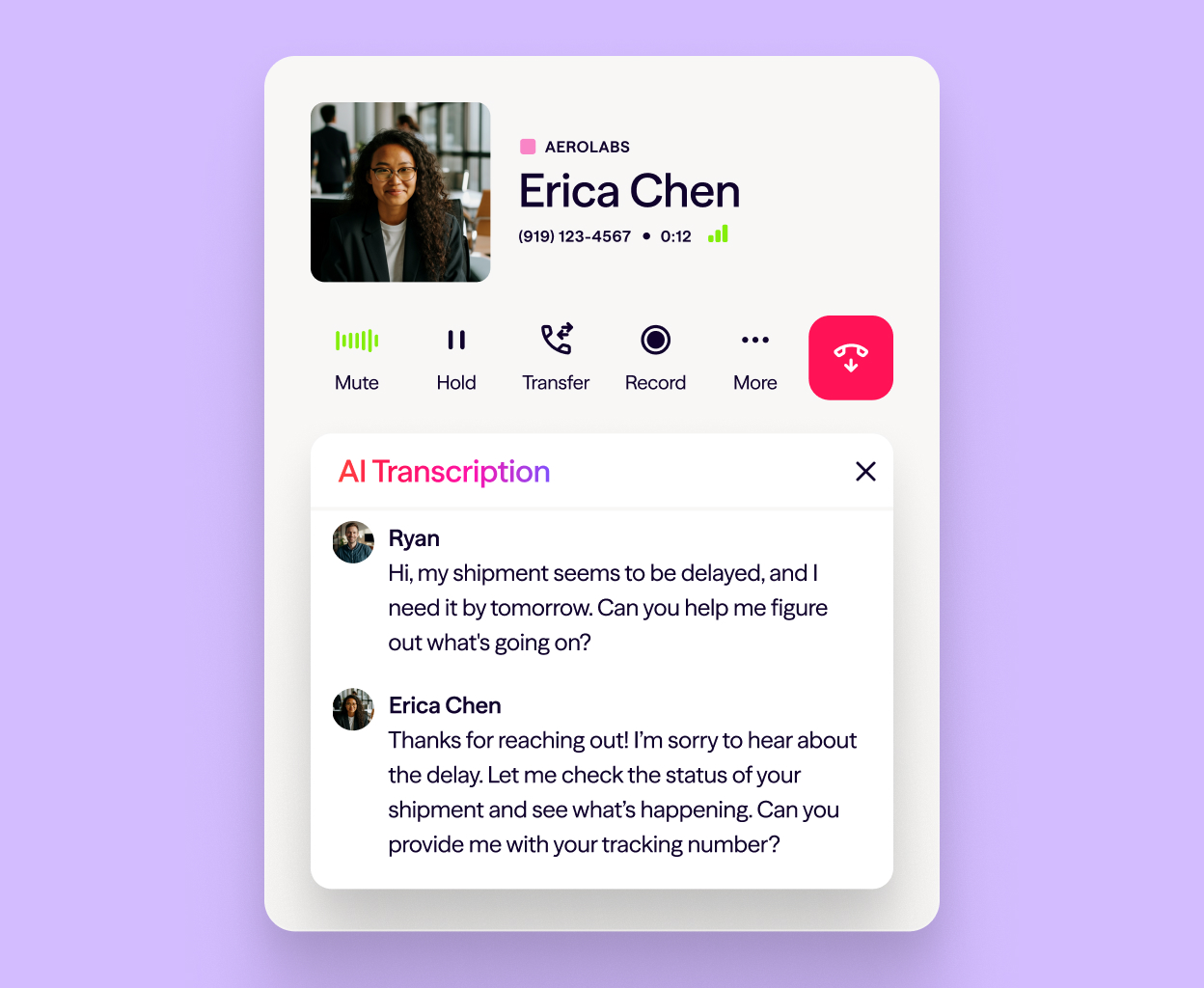Screenshot of Dialpad AI transcribing a phone call in real time