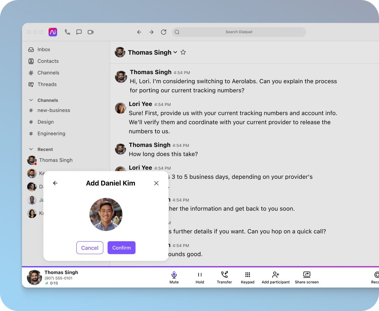 Adding participants to a meeting in Dialpad's video conferencing interface
