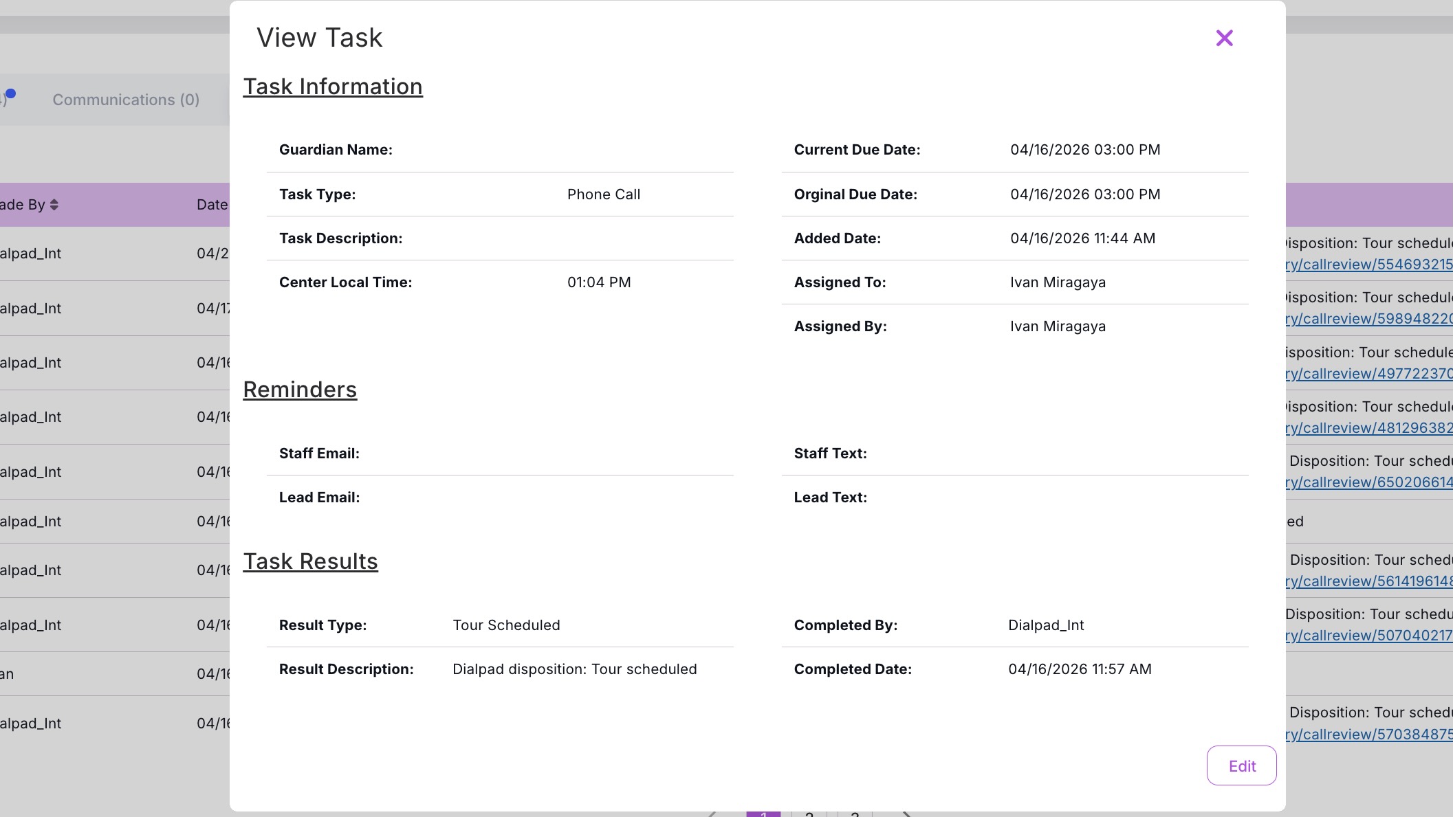 Call Logging Task Page