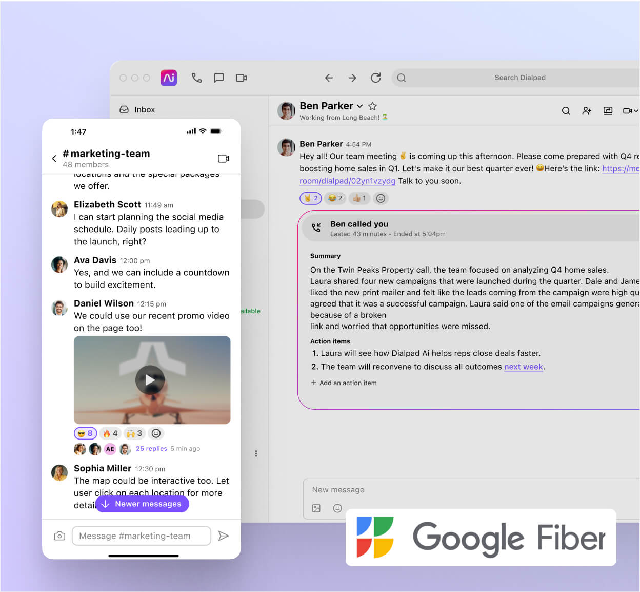 Screenshot of business text messaging features in Dialpad's desktop and mobile applications