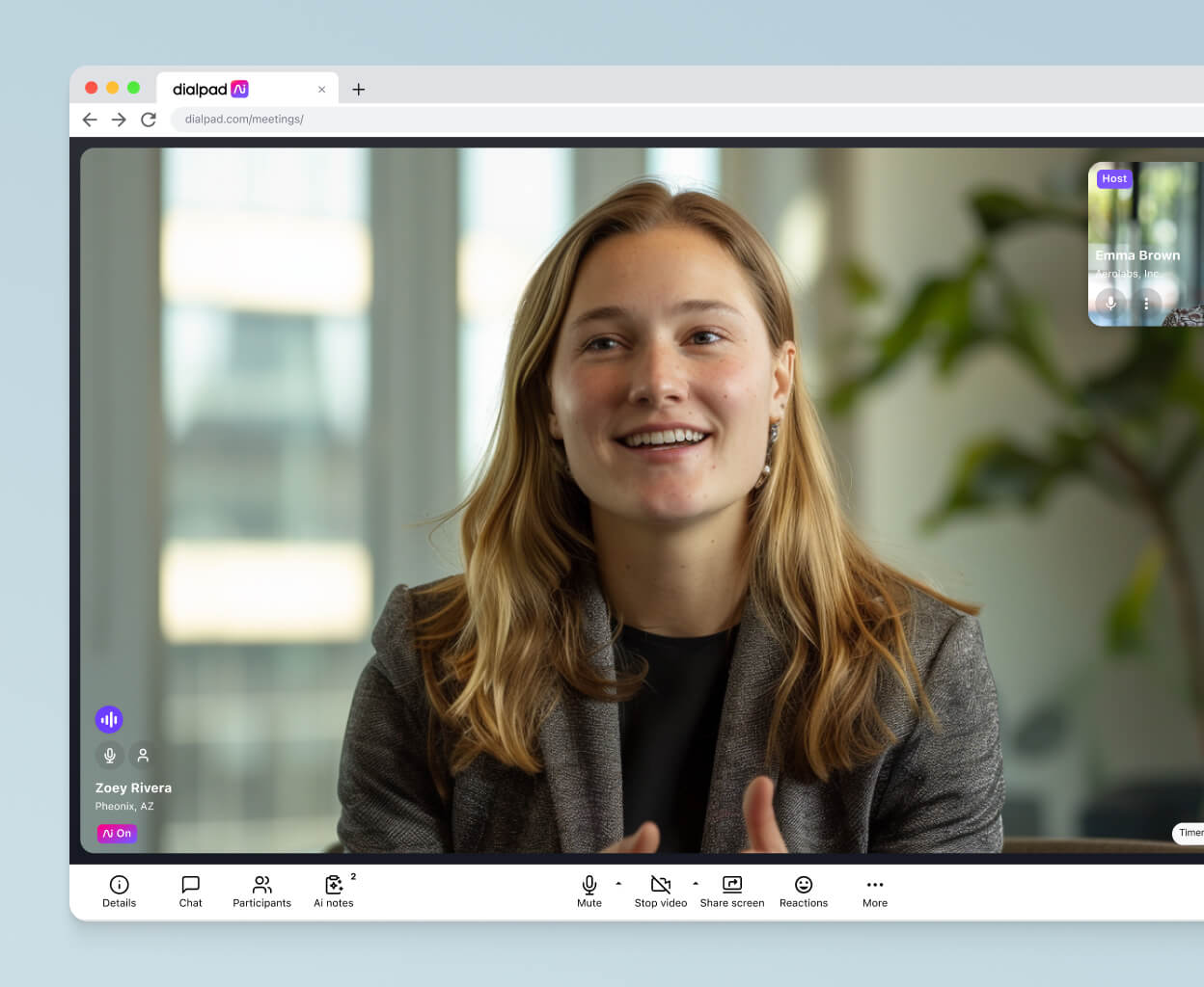 A video call happening in a web browser using Dialpad