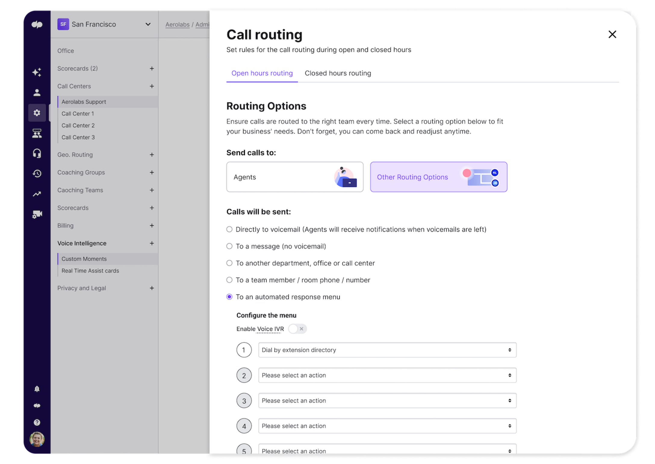Multiple call routing options and configuration choices in Dialpad for phone tree template customization