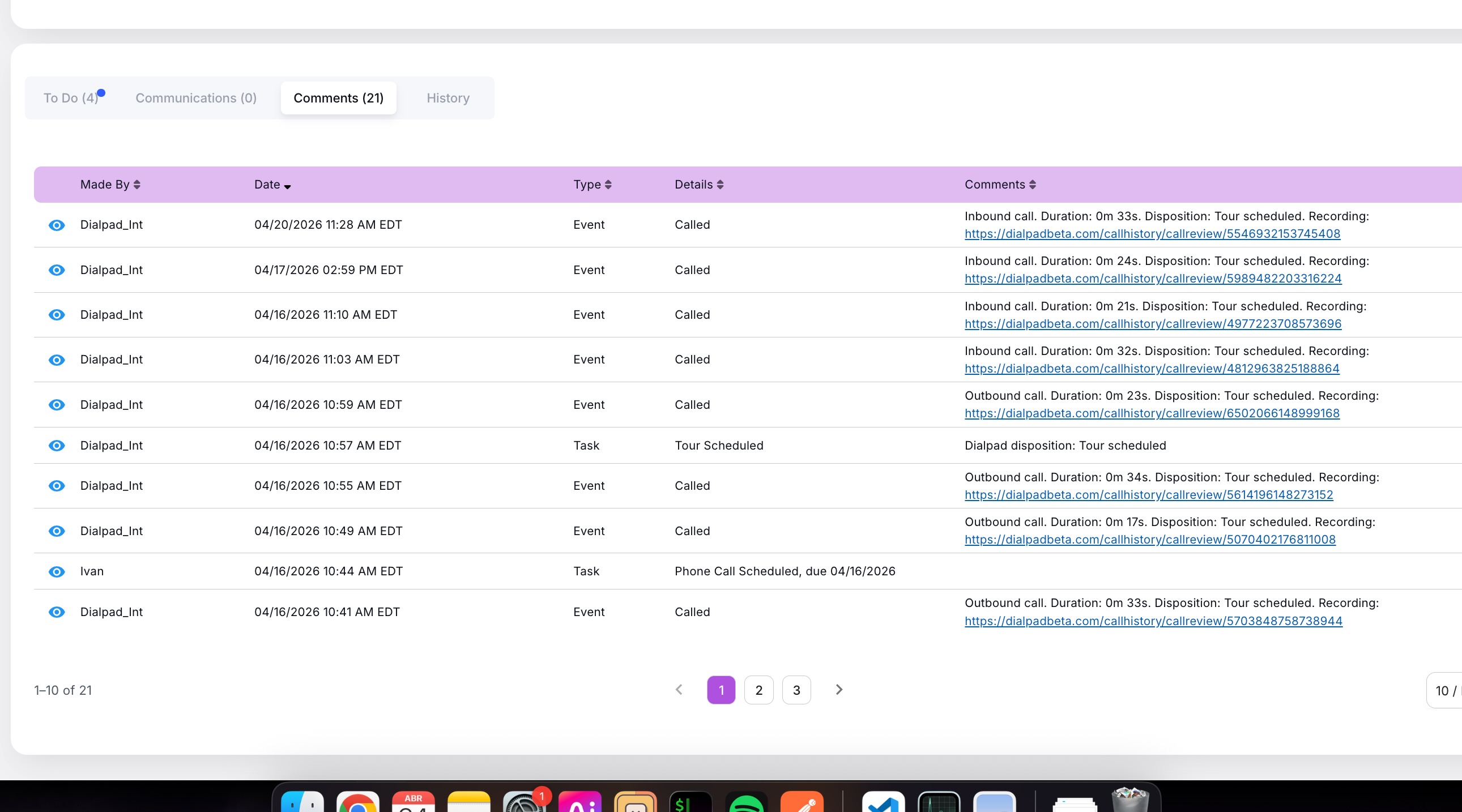 Call Logging Event Page