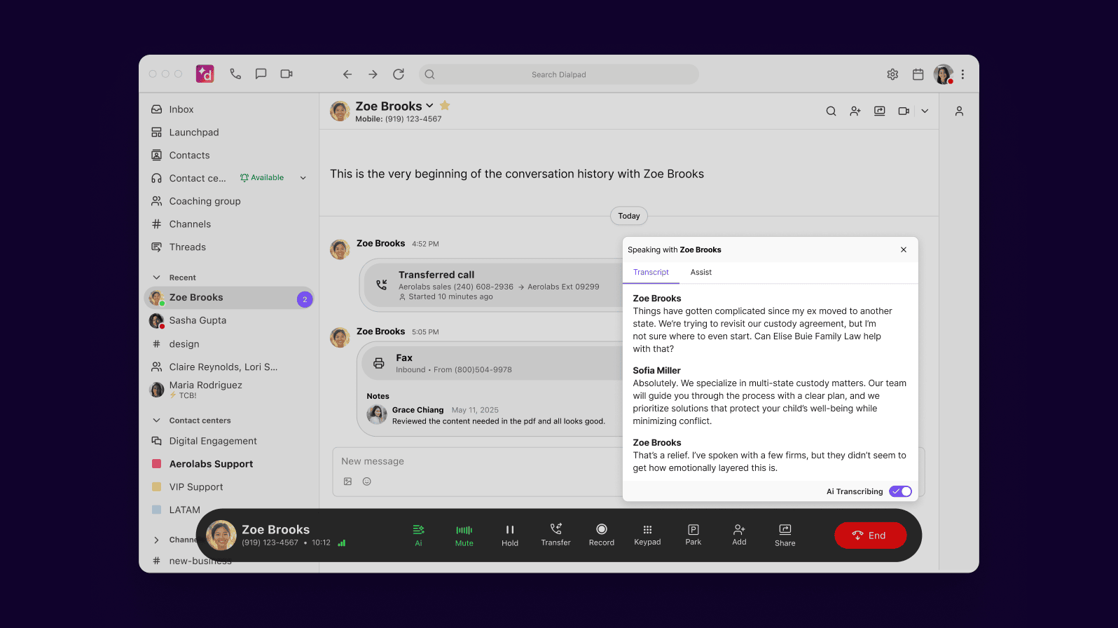 Screenshot - communication platform - "Zoey Brooks"