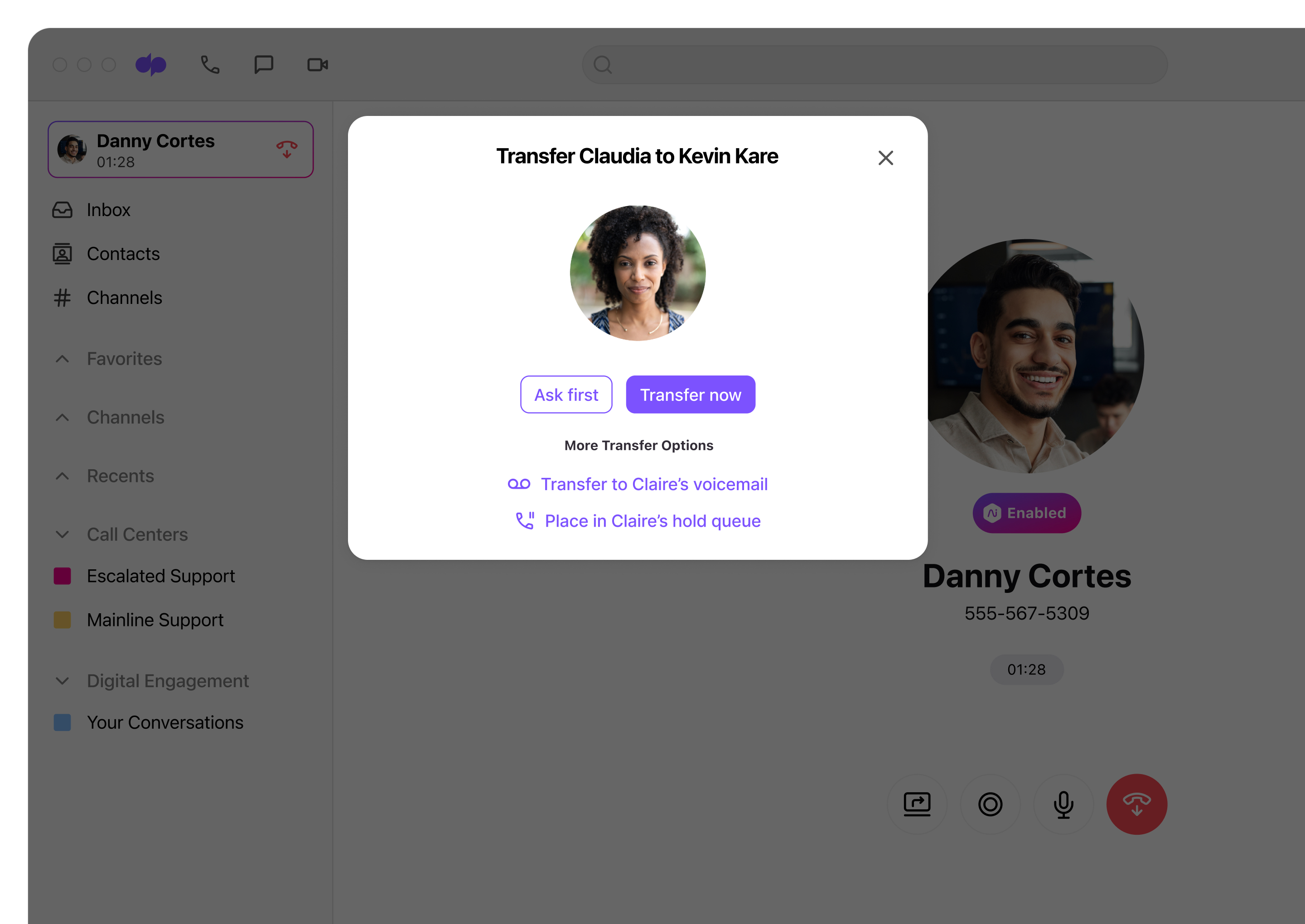 Close up screenshot of what an agent sees when transferring a call