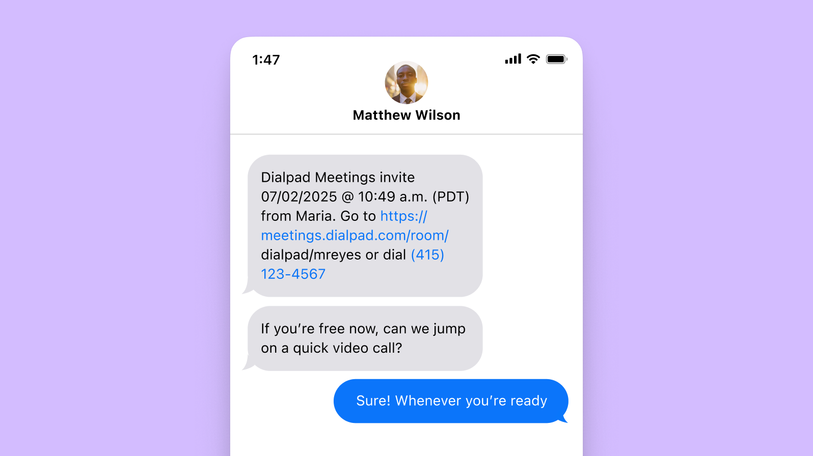 Sending a Dialpad meeting invite via SMS