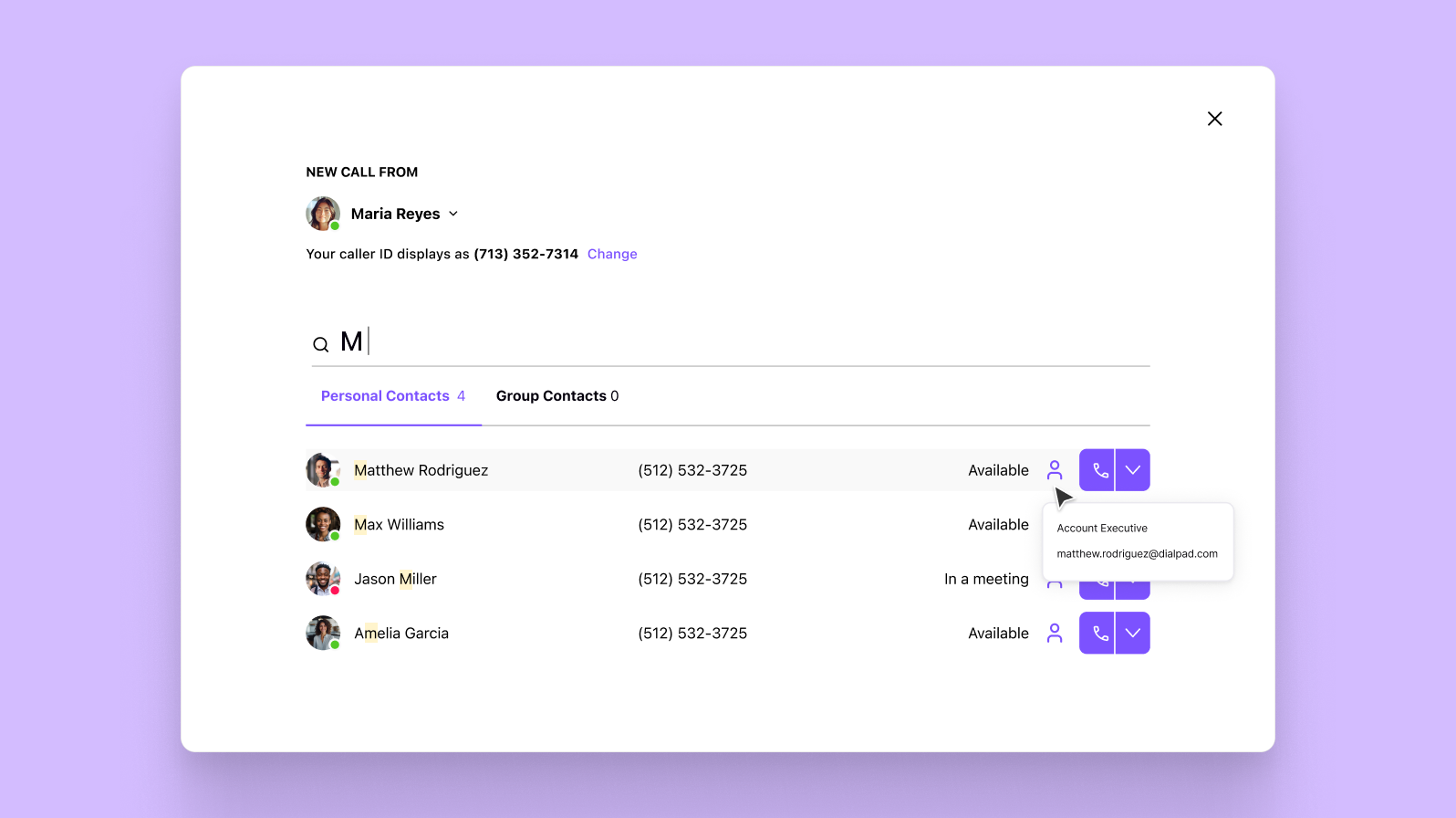 Calling by searching a name in Dialpad