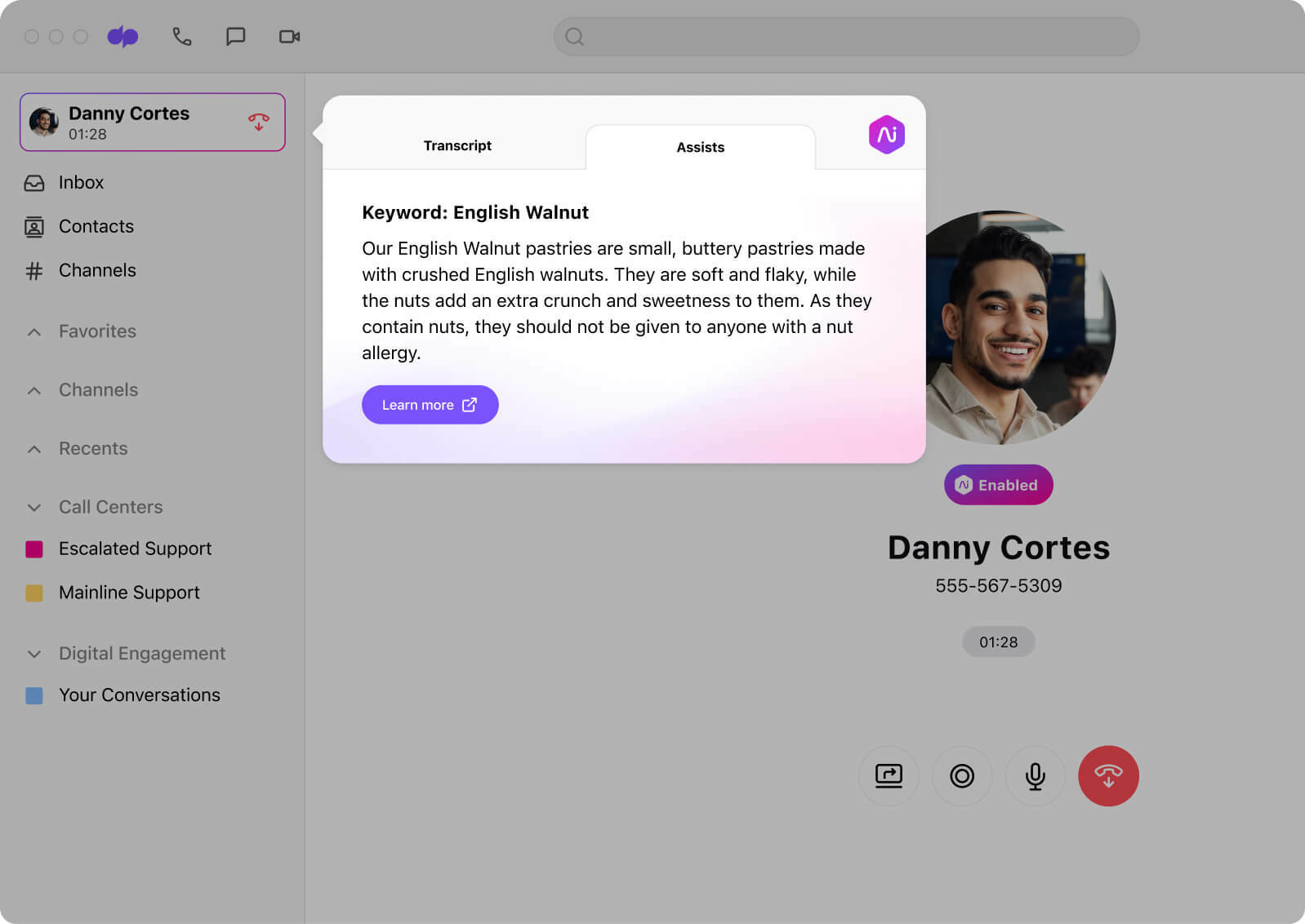 Screenshot of Dialpads real time assist card feature popping up helpful notes for an agent or rep when a tricky question comes up on a call Strawberry Hill