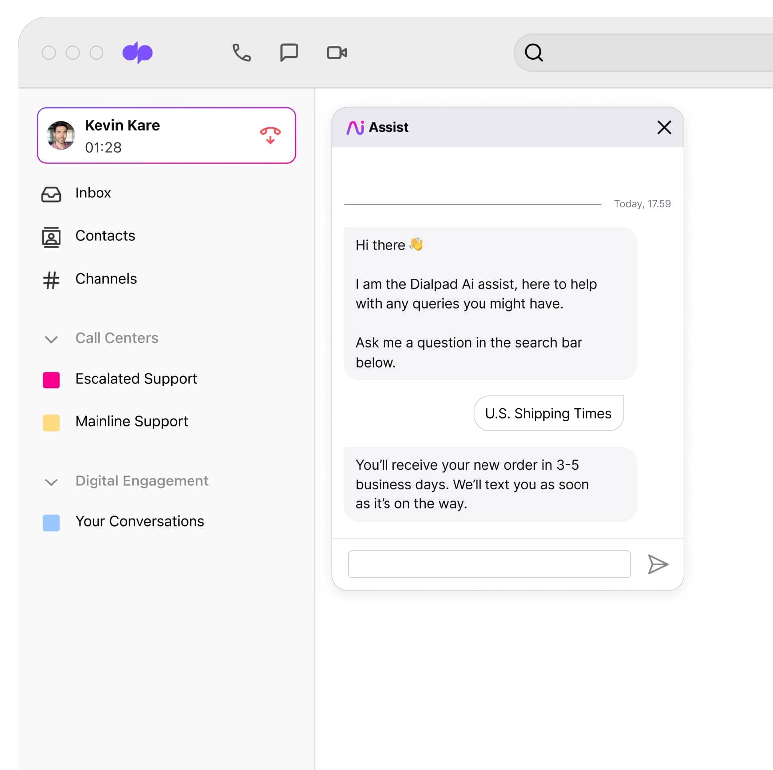 Screenshot of Dialpads real time assist card feature popping up helpful notes for an agent or rep when a tricky question comes up on a call Dialpad Ai page