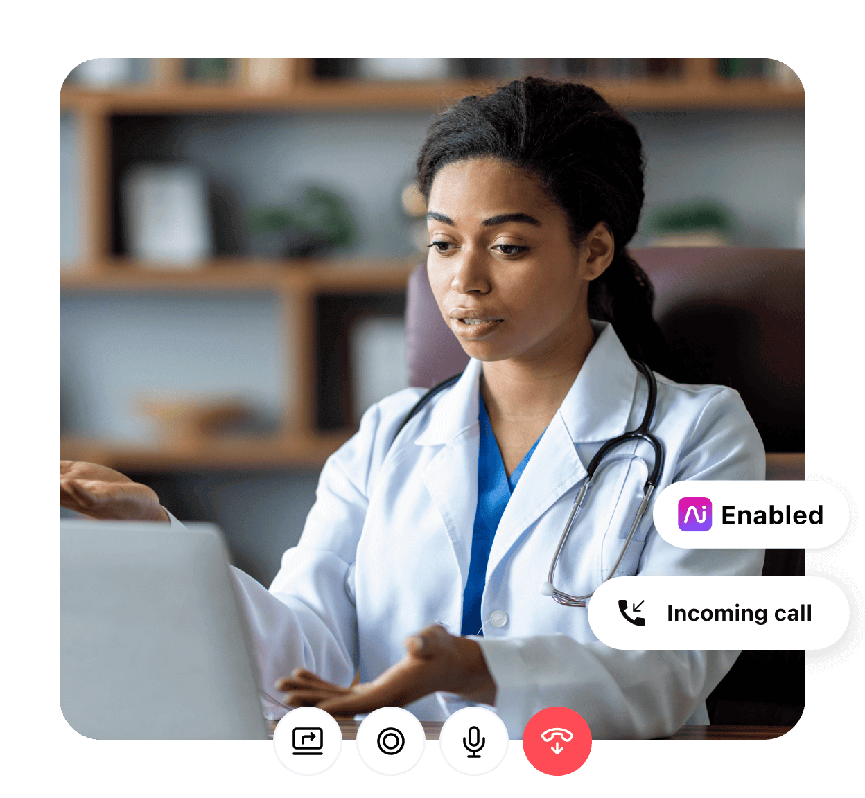 A healthcare professional attending to a video conference call