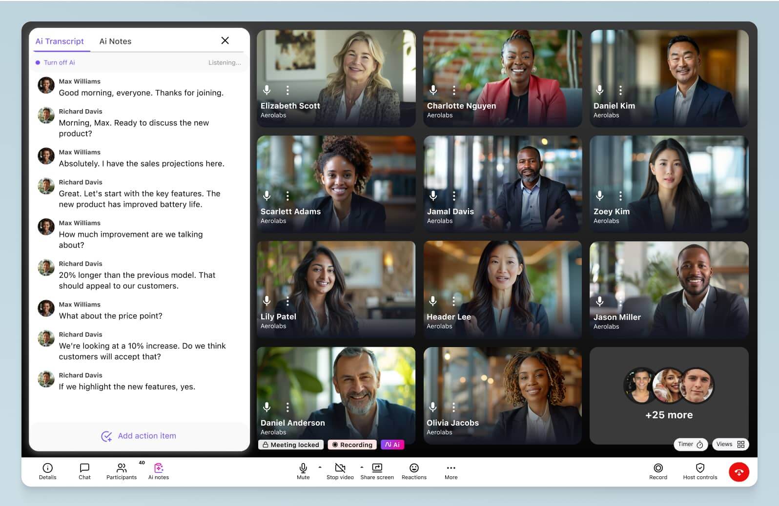 Screenshot of Dialpad Ai transcribing a video conference in real time