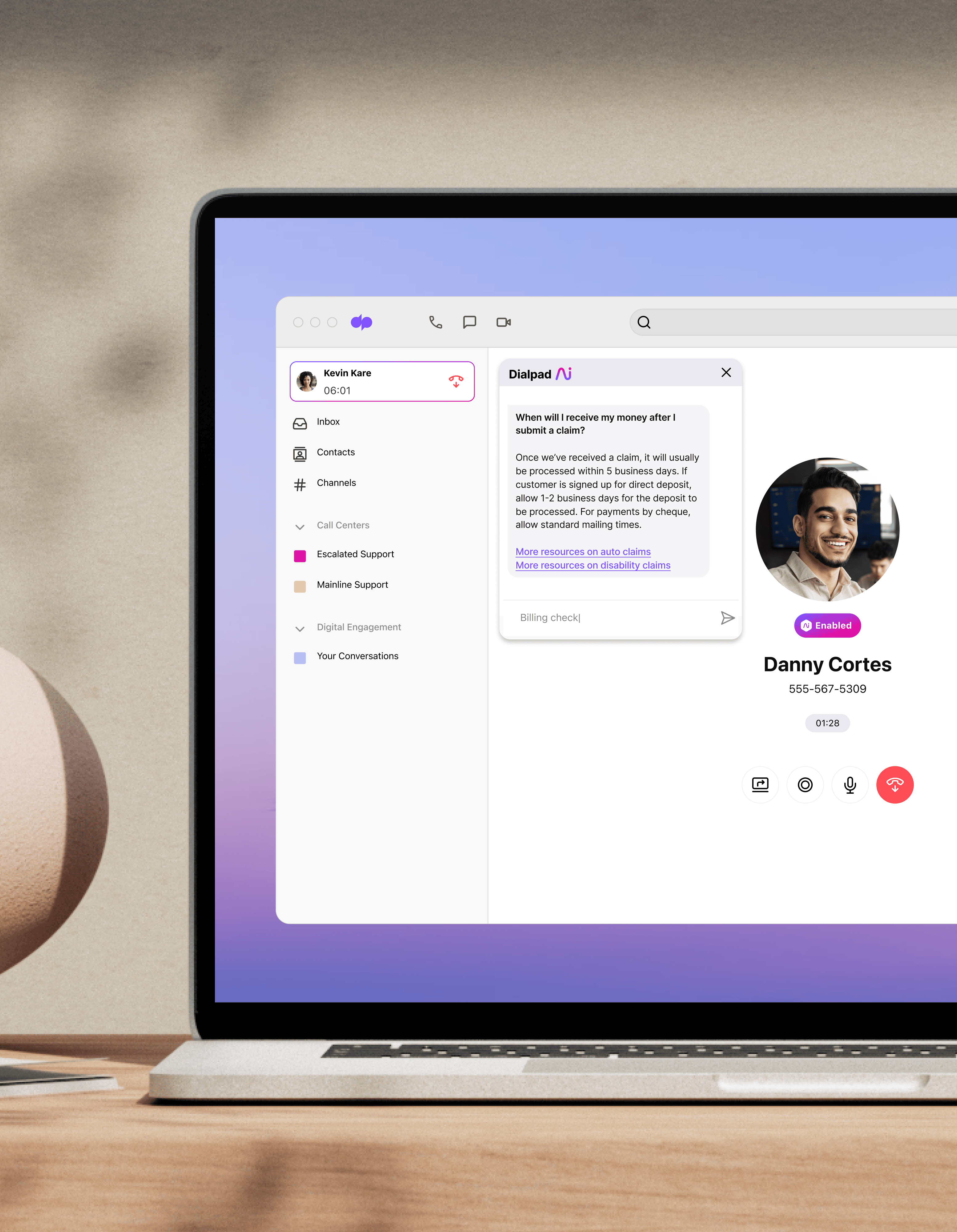 Laptop screen showing a call center solution reminding an agent to stay compliant via an AI-powered reminder