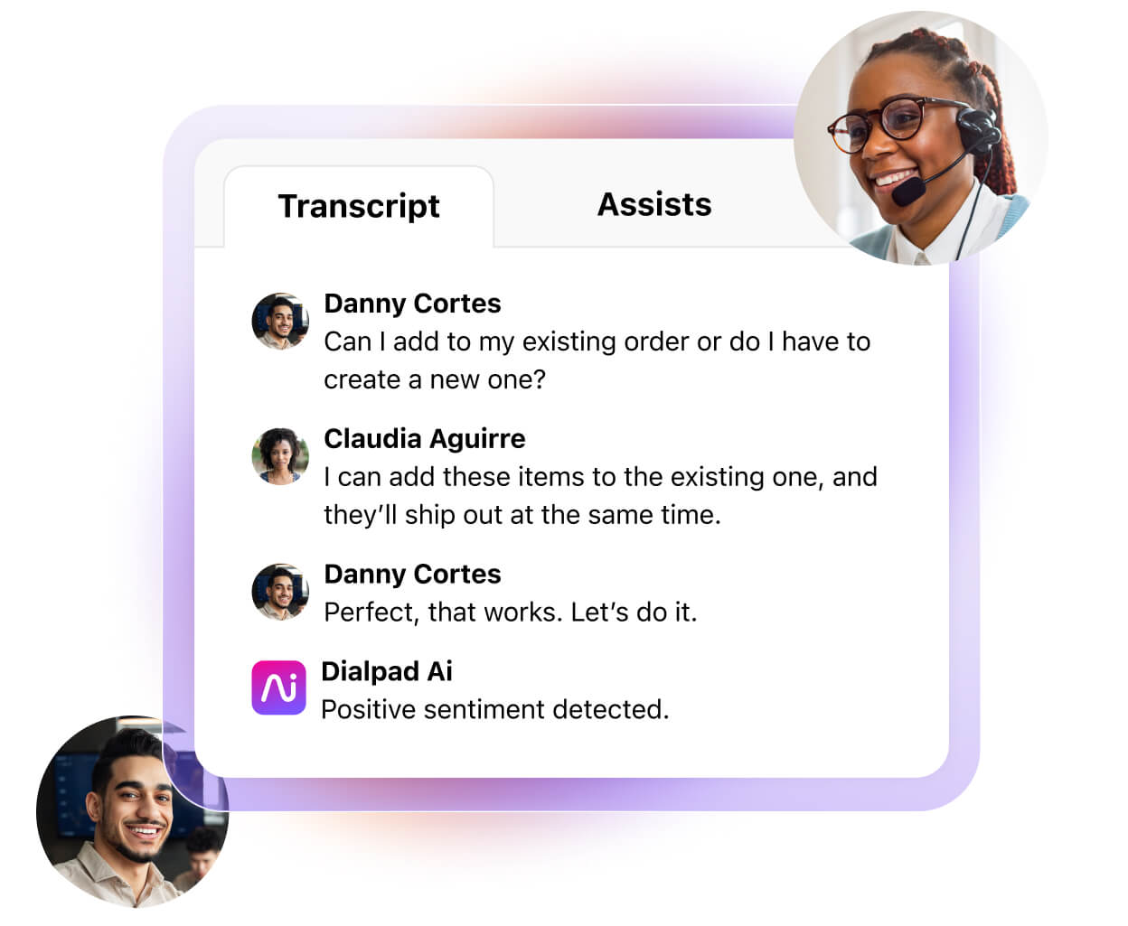 Screenshot of Dialpad AI transcribing a phone call regarding a change to an existing order