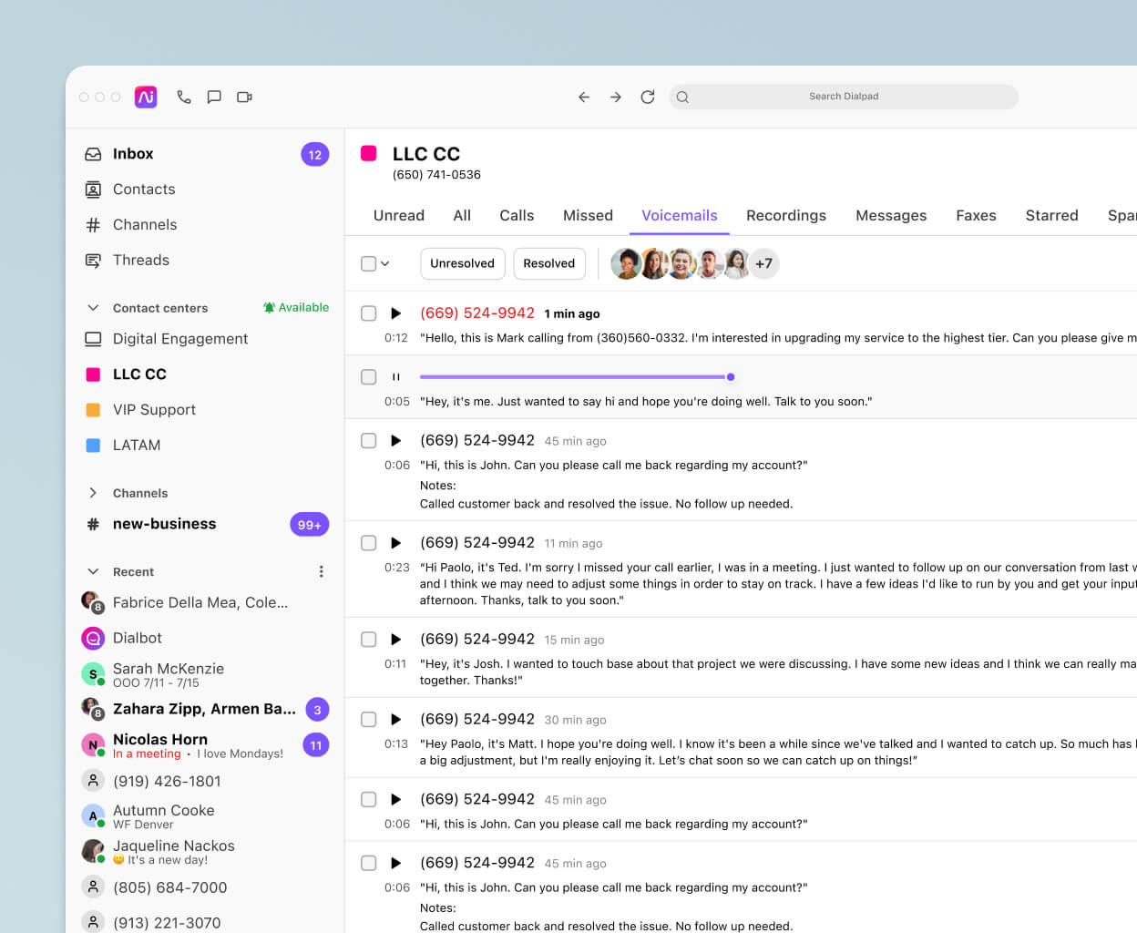 Screenshot of a list of voicemails in Dialpads app, showing caller IDs, times, and durations