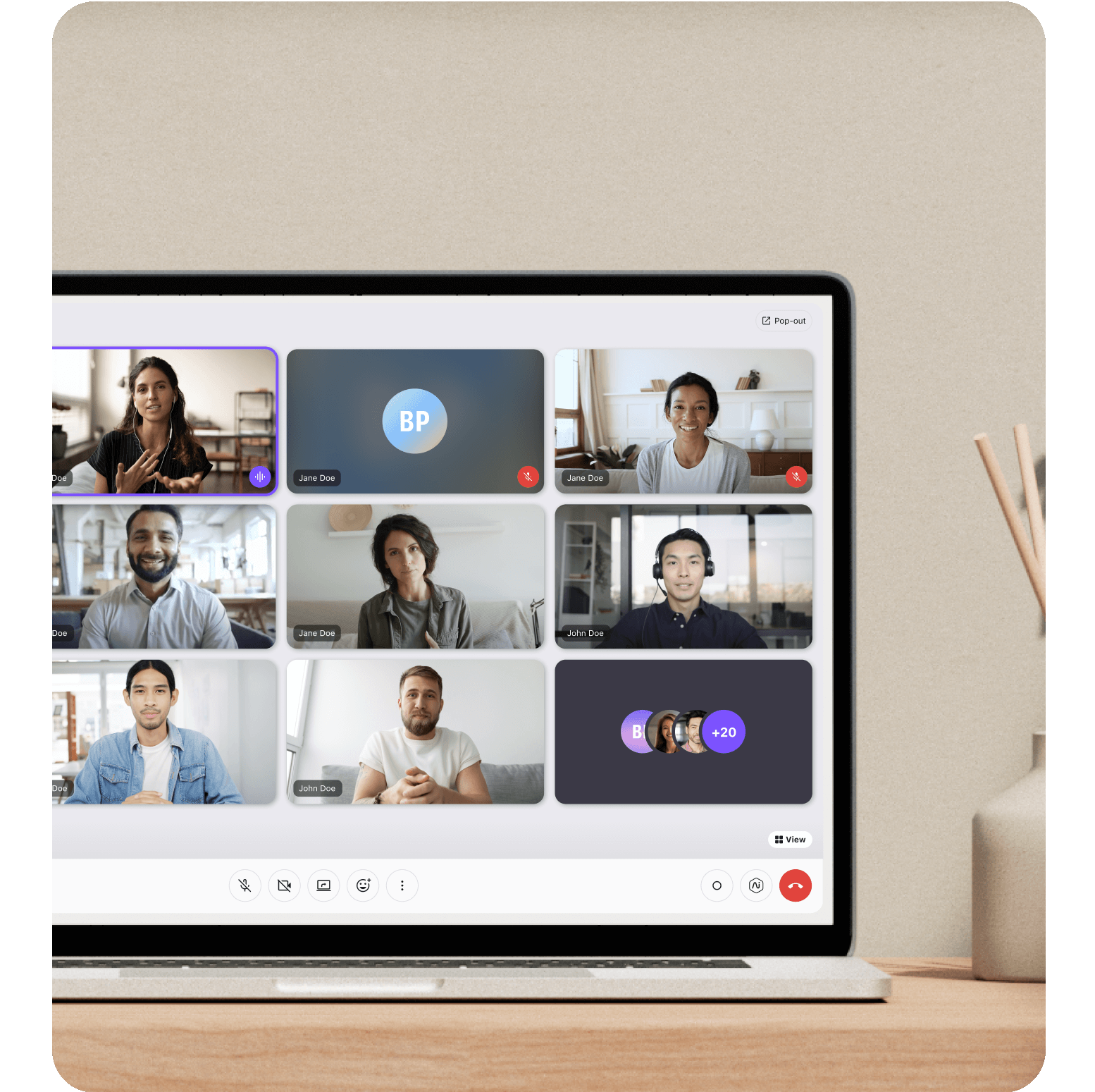 A computer showing an ongoing videoconferencing via Dialpad Meetings