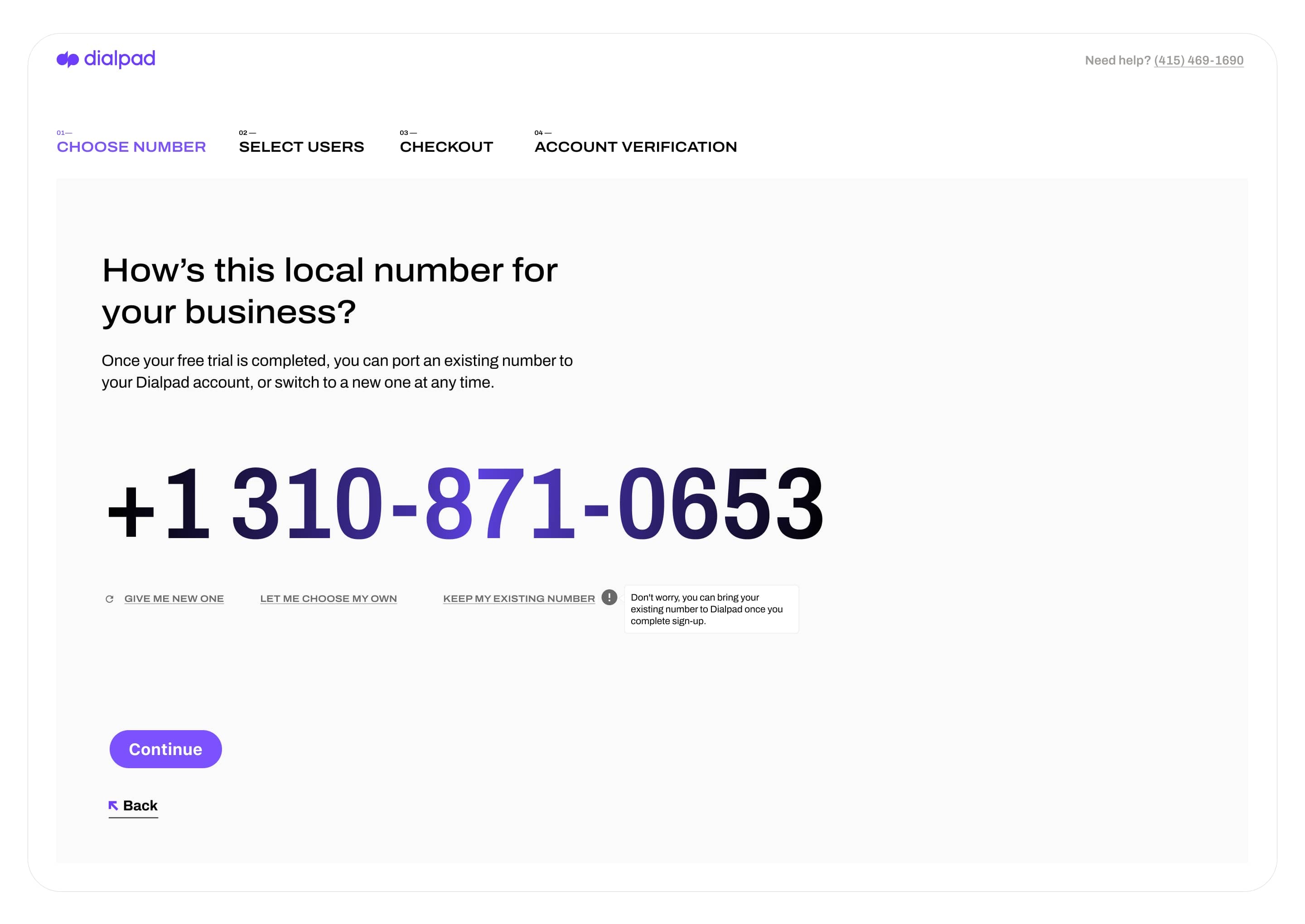Screenshot of setting up a new phone number online with Dialpad