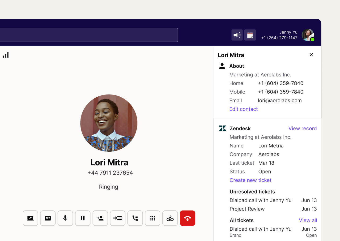 Screenshot of Dialpad's Zendesk integration automatically populating a call's details.