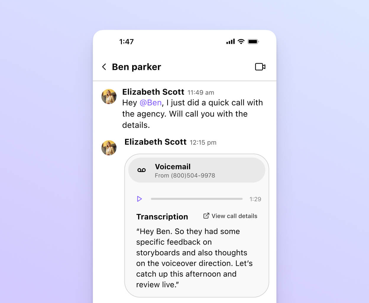 Screenshot of a voicemail transcription from the Dialpad mobile interface, displaying the message text