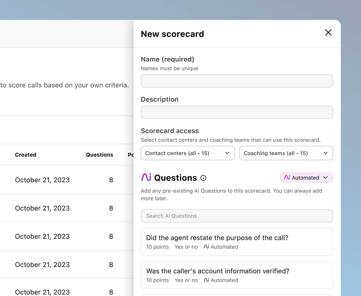 Screenshot of adding a new QA scorecard in Dialpad