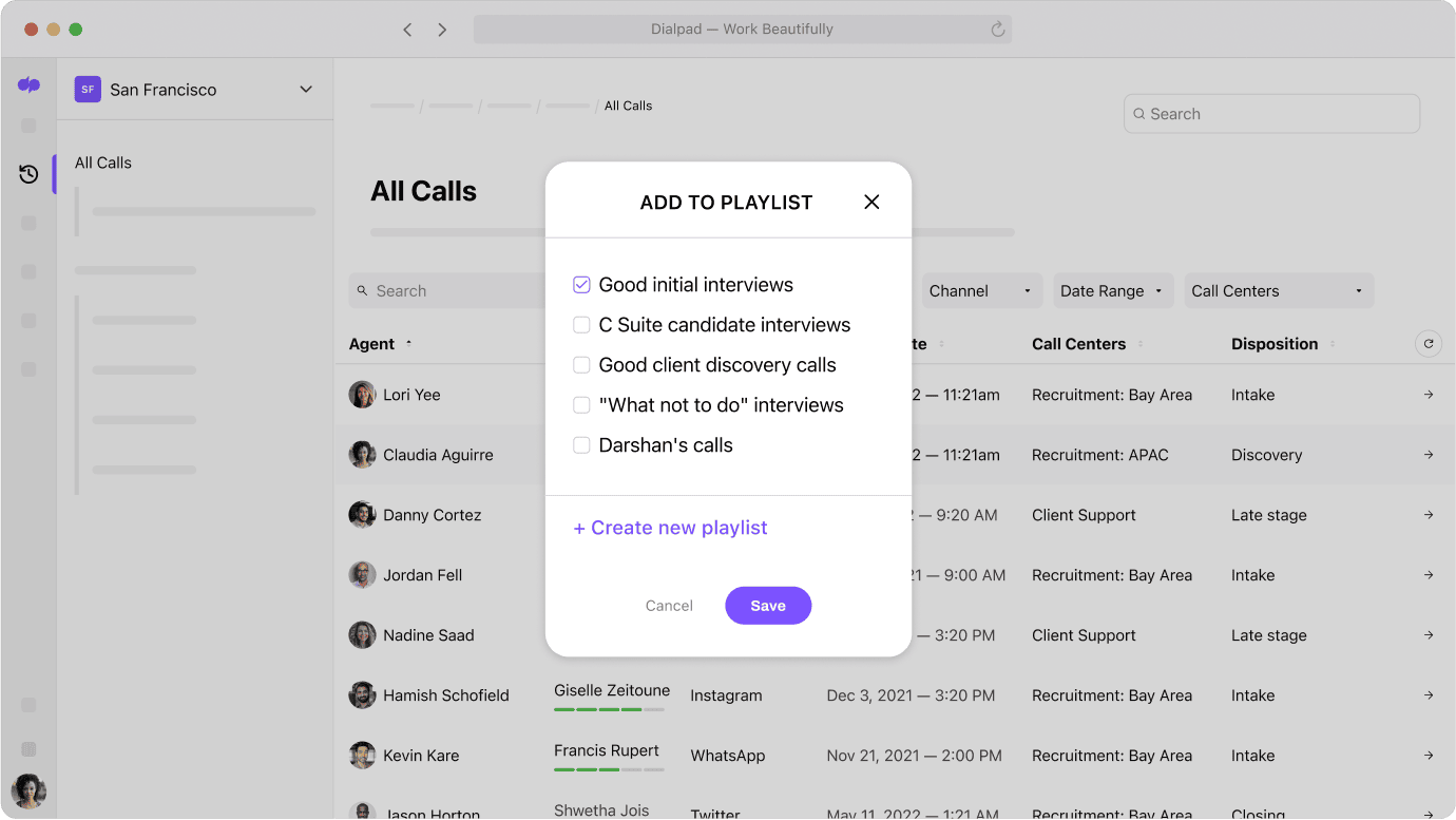 Creating a coaching playlist from call recordings recruiting