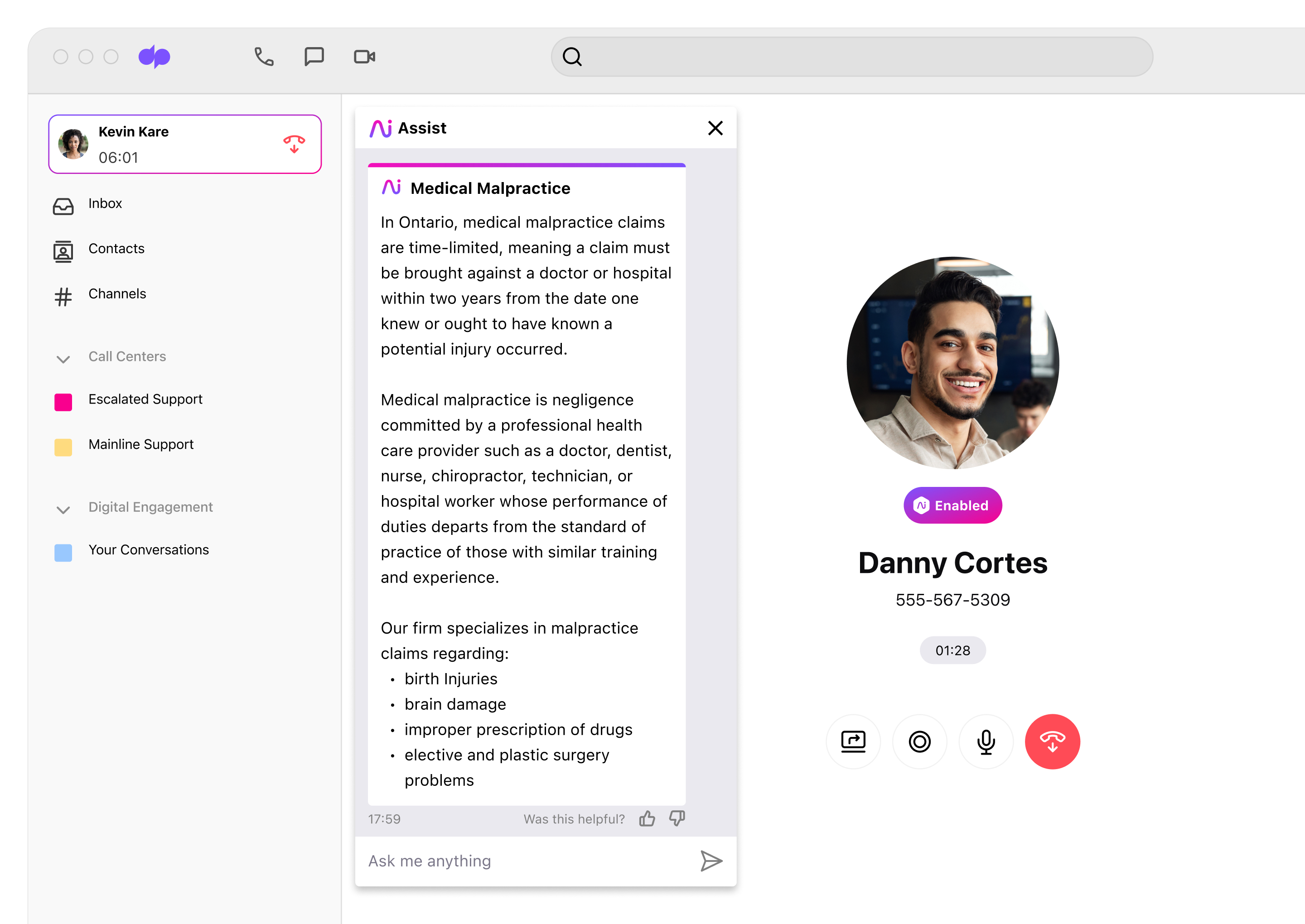 Screenshot of Dialpad’s AI Live Coach feature automatically searching for information to help an agent or rep in real time