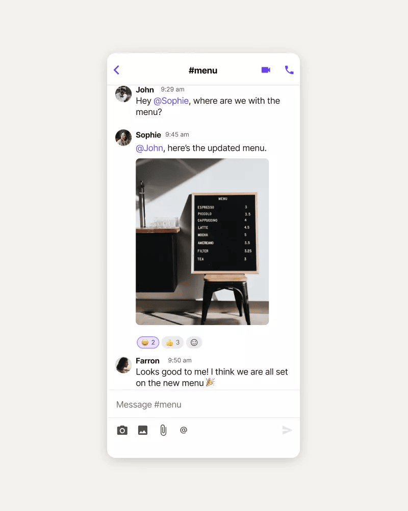 Restaurant menu chat messaging