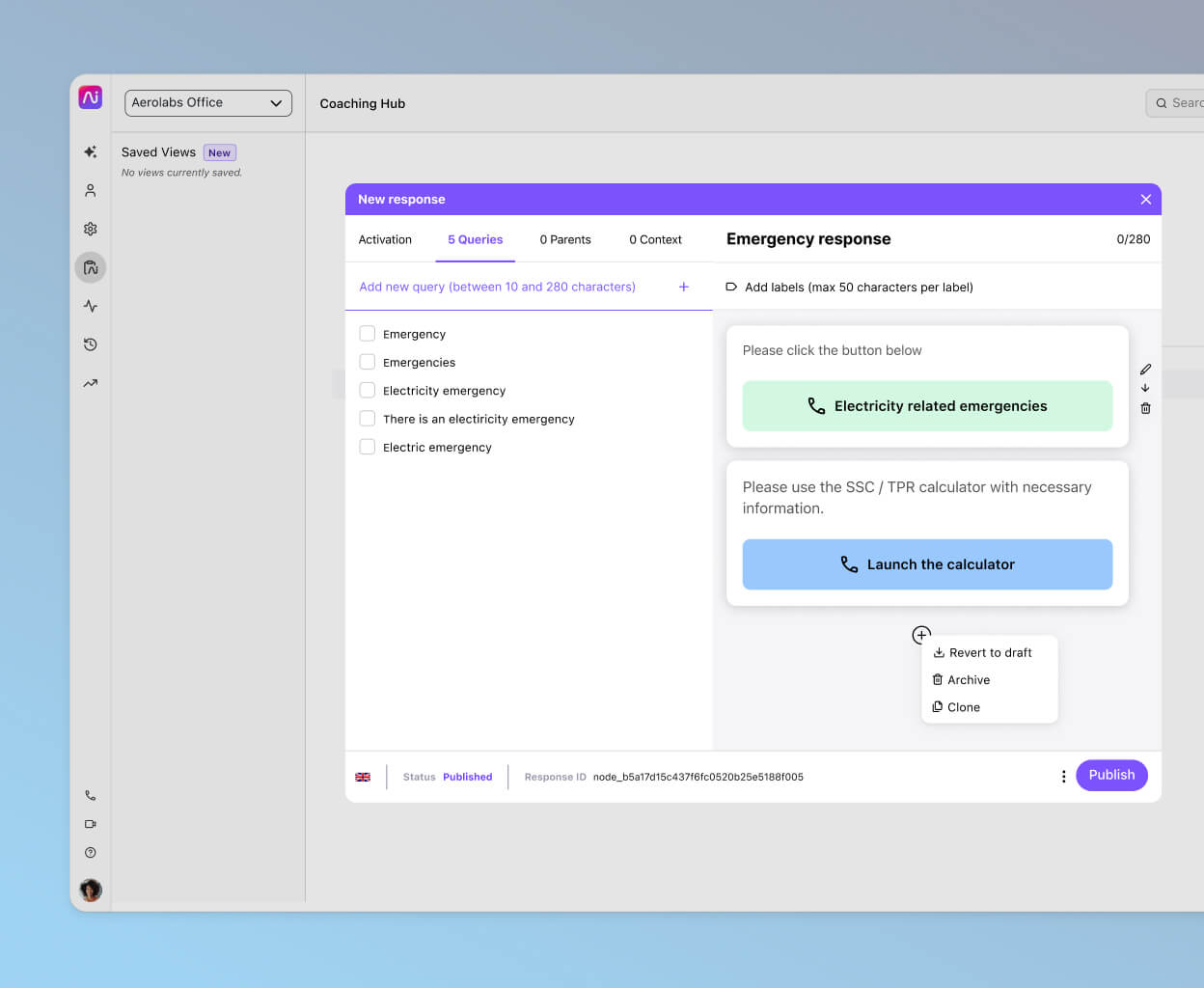 Screenshot of a chatbot response flow using Dialpad's no-code drag-and-drop builder.