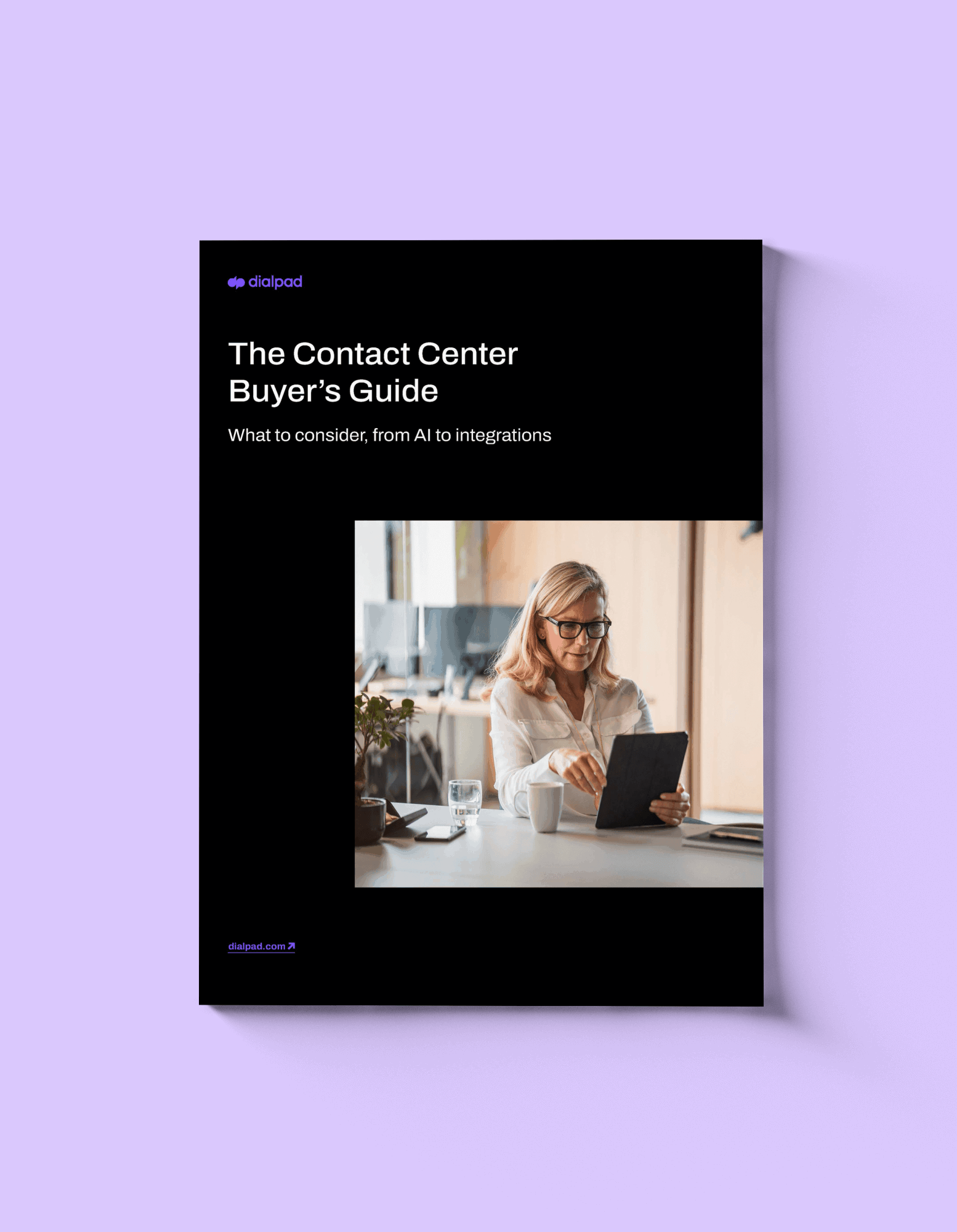 Mockup of an ebook titled The Contact Center Buyers Guide