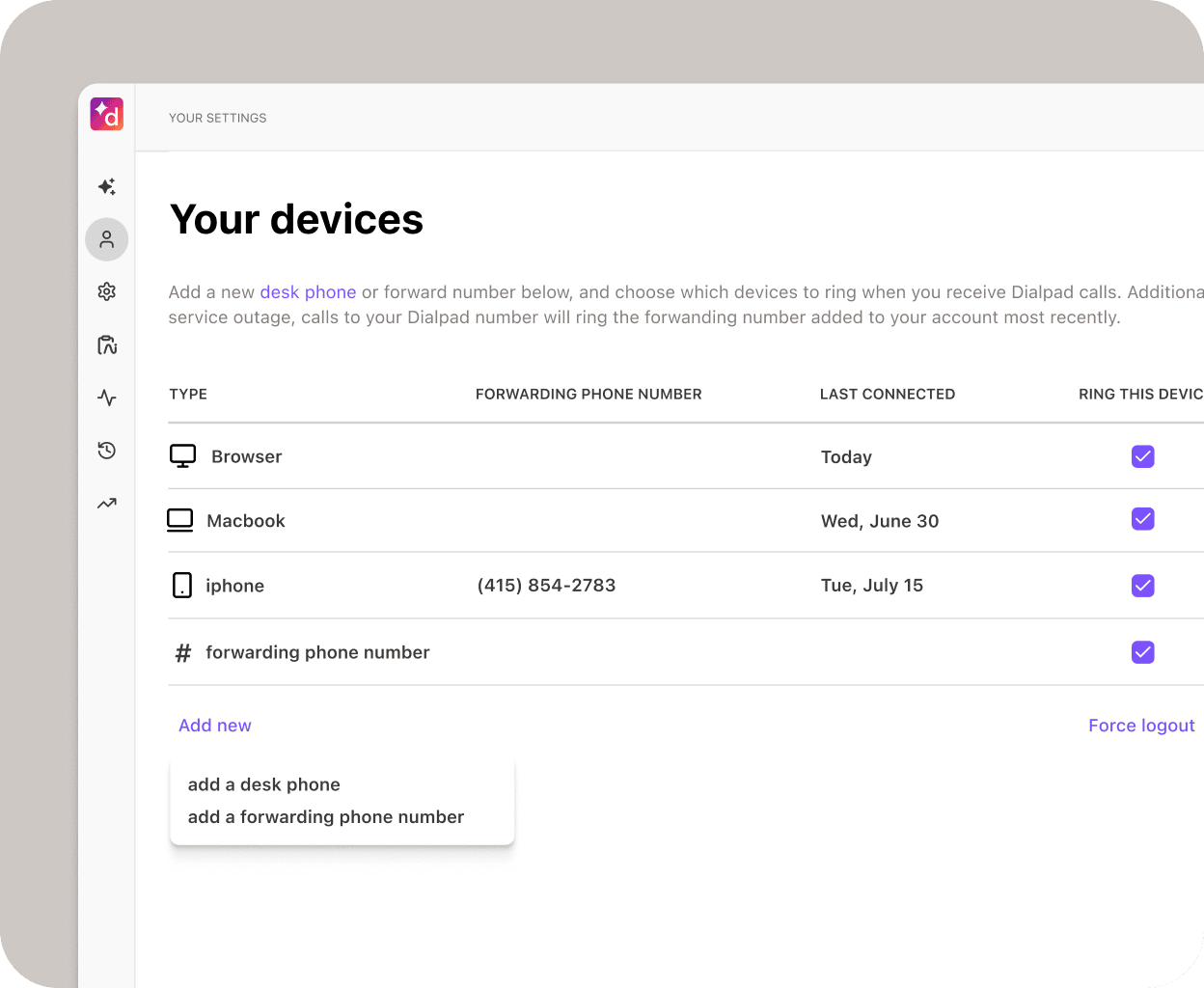 Screenshot of adding a call forwarding number from Dialpad’s online dashboard