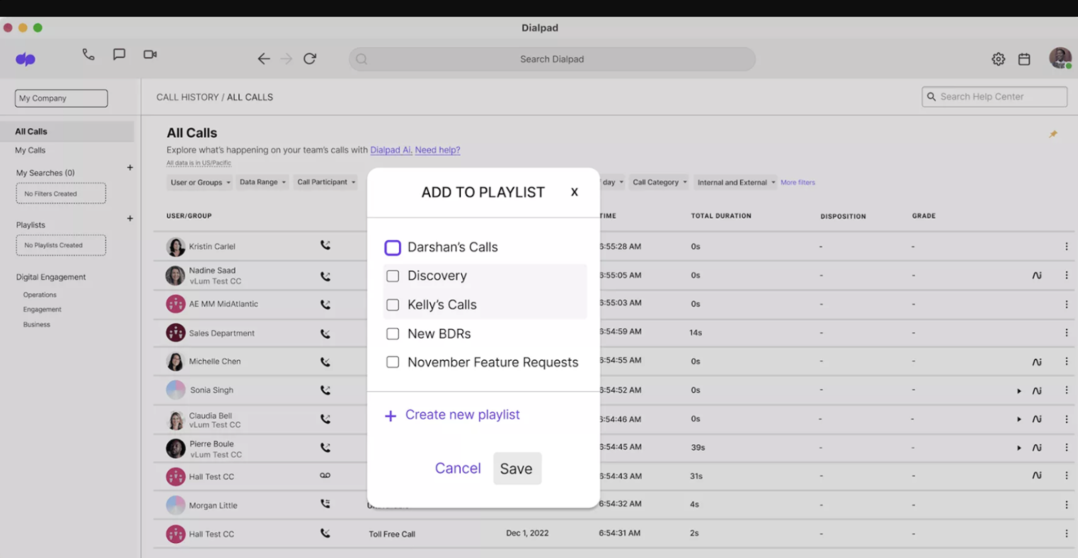 Creating a playlist of calls in Dialpad