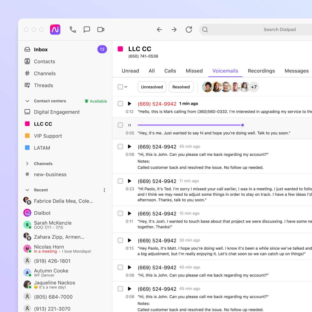 Screenshot of a list of voicemails in Dialpads app, showing caller IDs, times, and durations