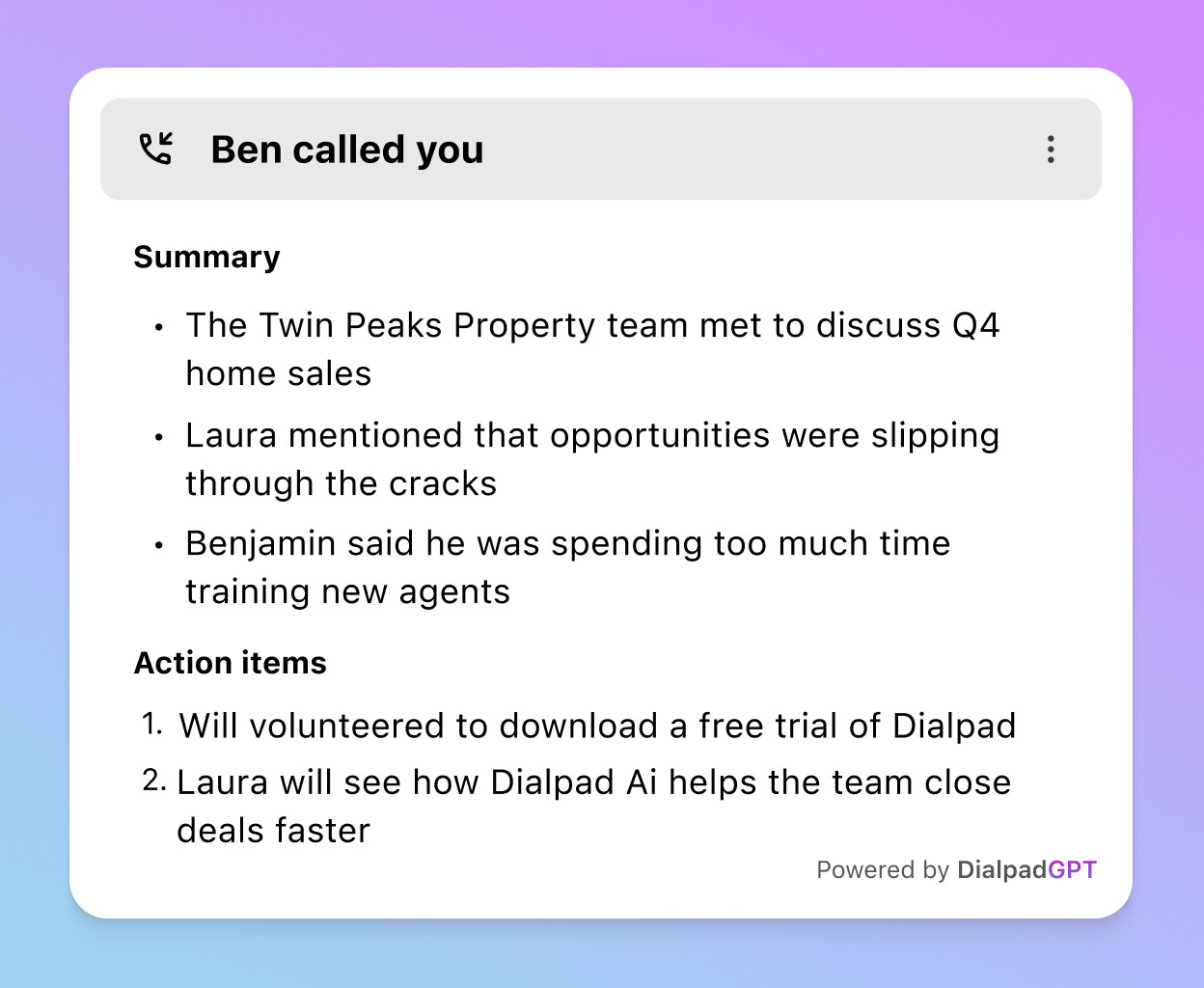 Screenshot of Dialpad's AI-generated call summary with action items