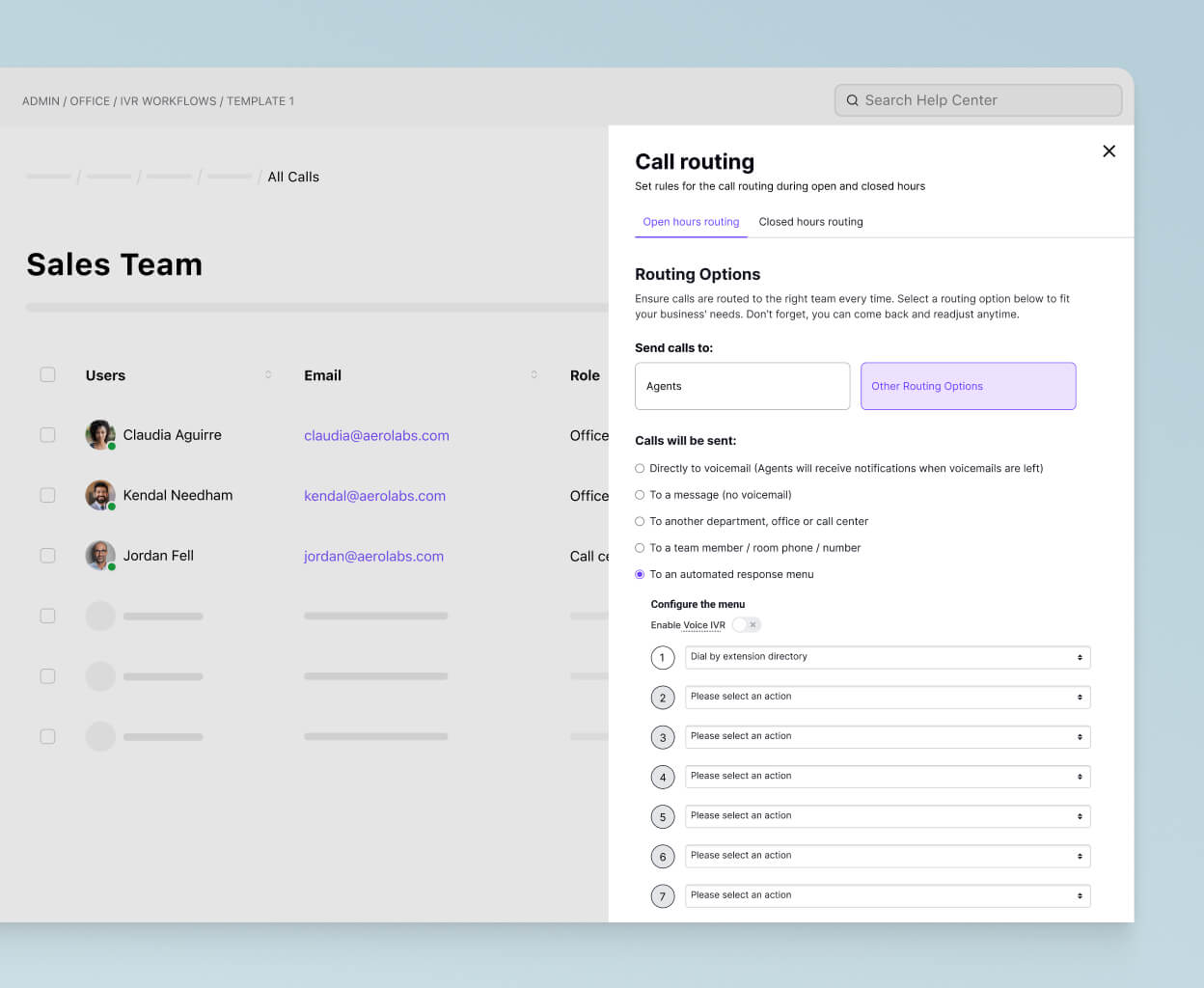 Screenshot of Dialpads call routing options
