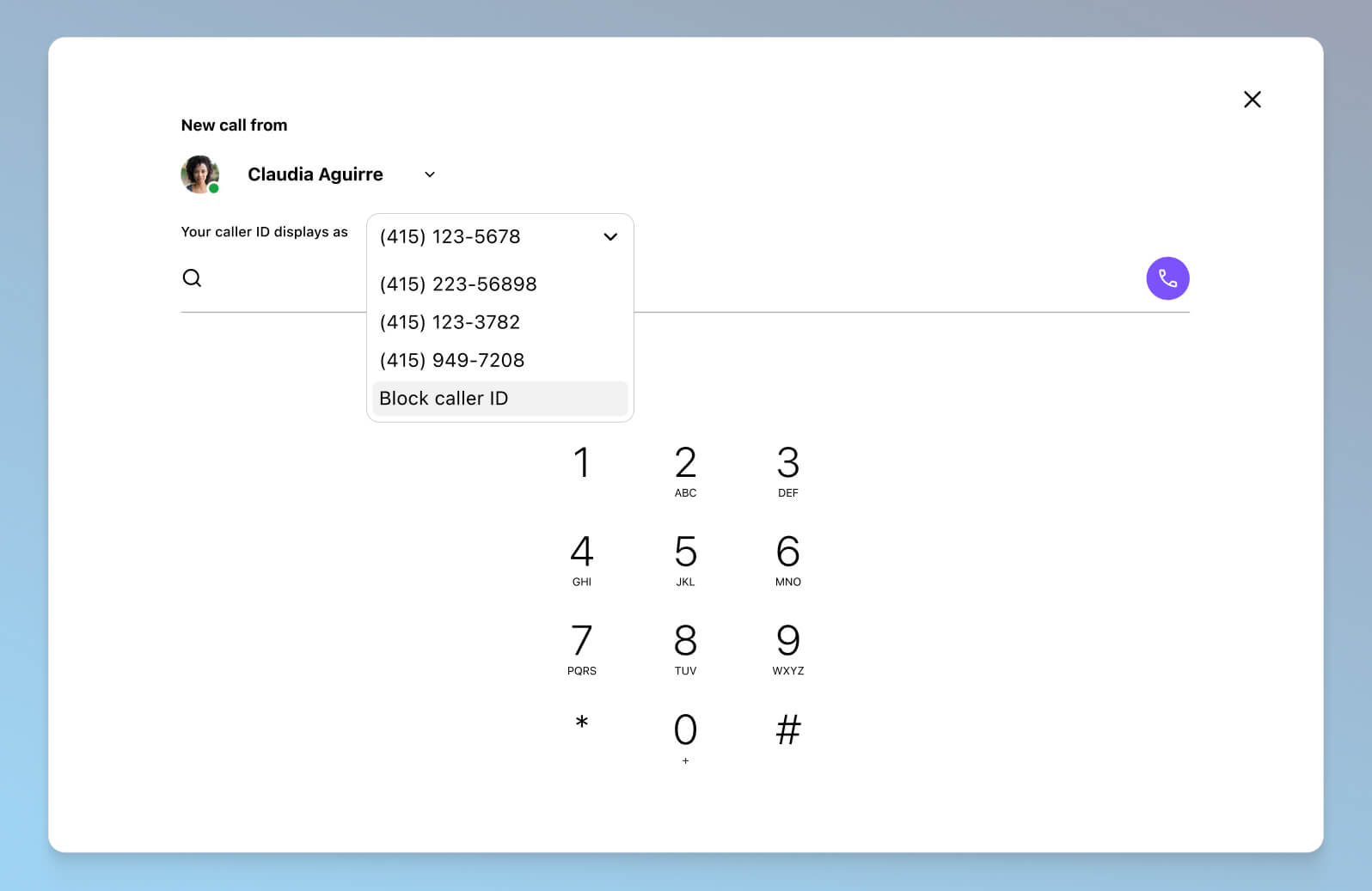 Screenshot of choosing a caller ID to display when making a work call from ones personal cell phone using Dialpads app