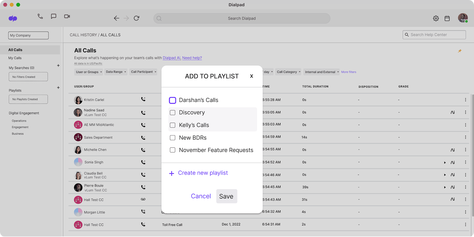 Screenshot of creating a coaching call playlist in Dialpad