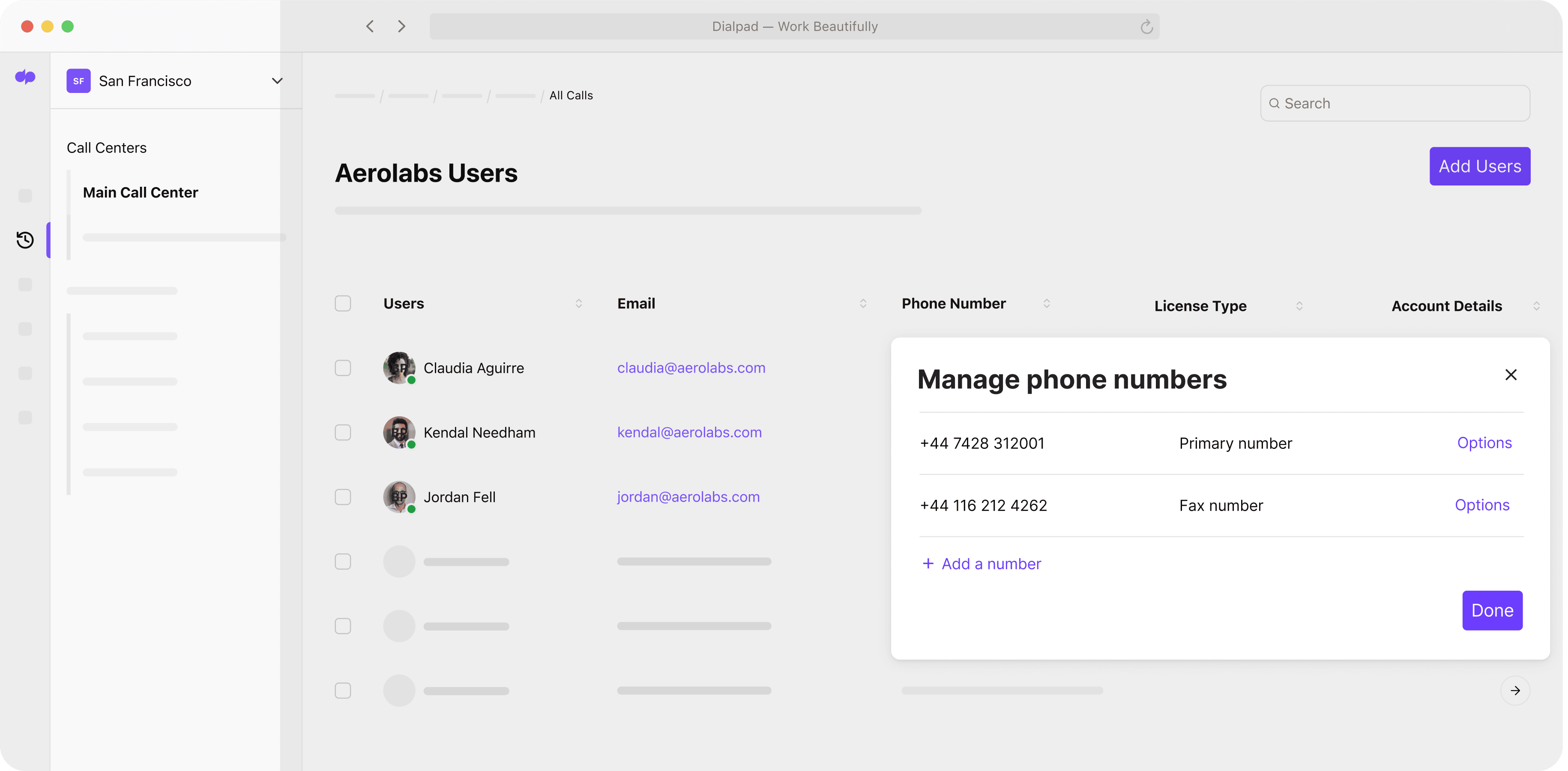 Screenshot of adding and managing phone numbers from Dialpad-s online dashboard