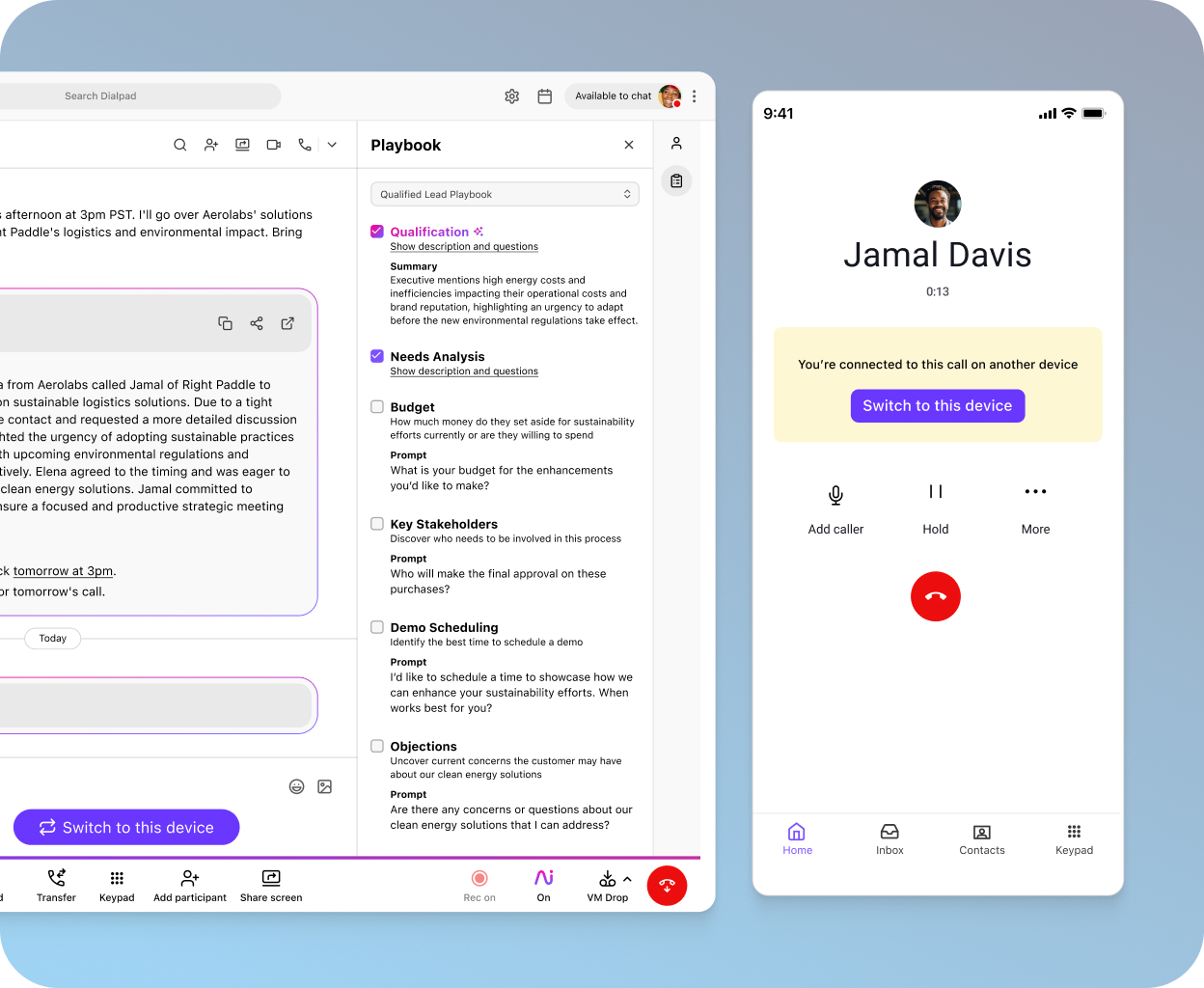 Dialpad's call flip feature seamlessly flipping a call between a desktop and mobile app.