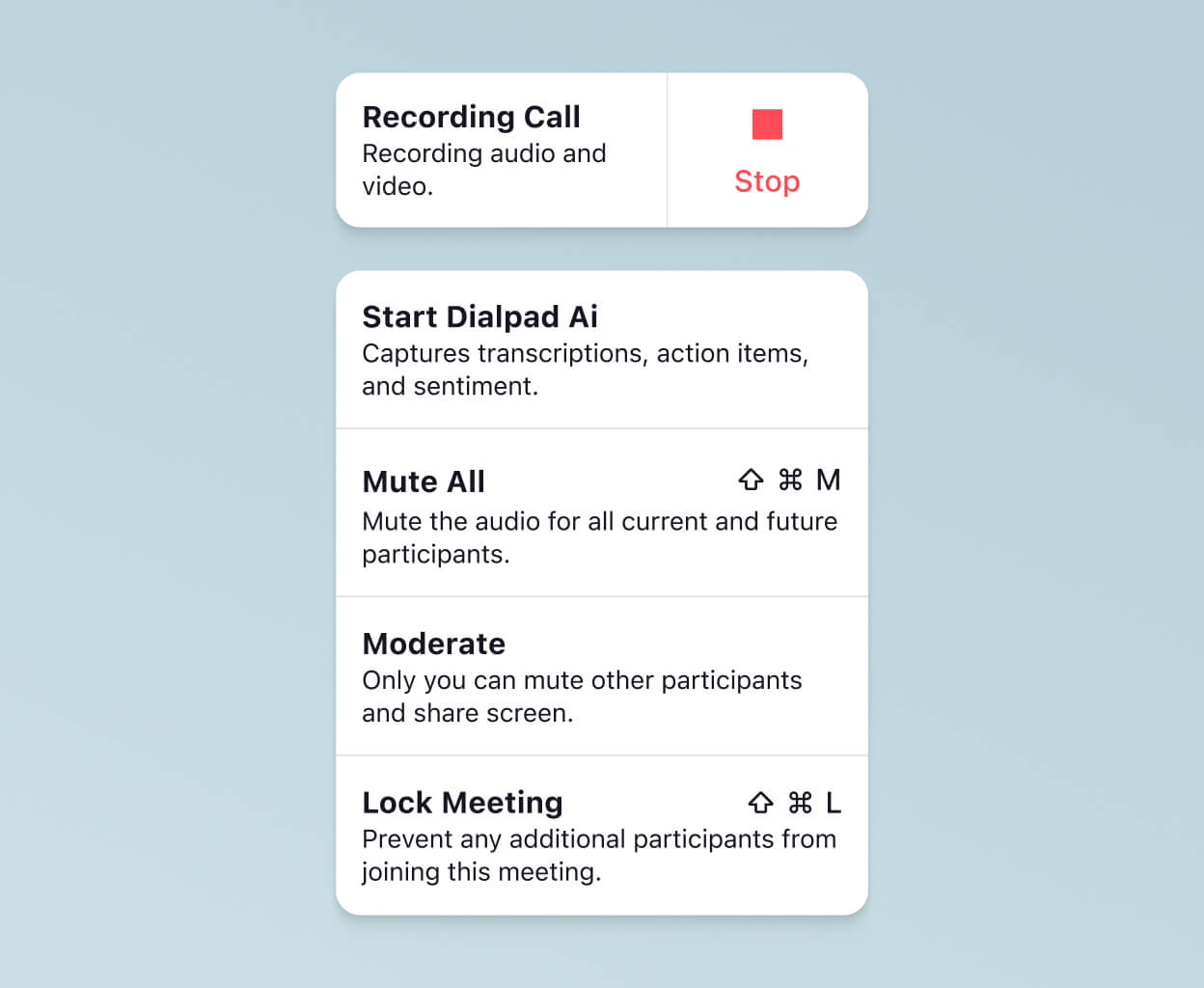 Screenshot of Dialpad AI Meetings built-in security controls