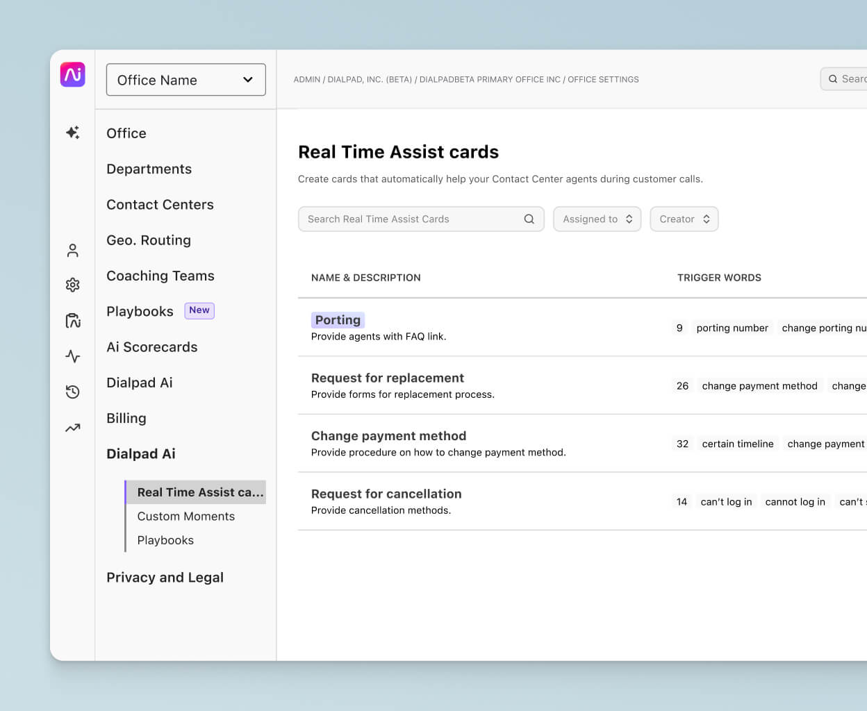 Screenshot of Real-time Assist (RTA) cards in Dialpad, created by admins to automatically guide contact center agents during calls