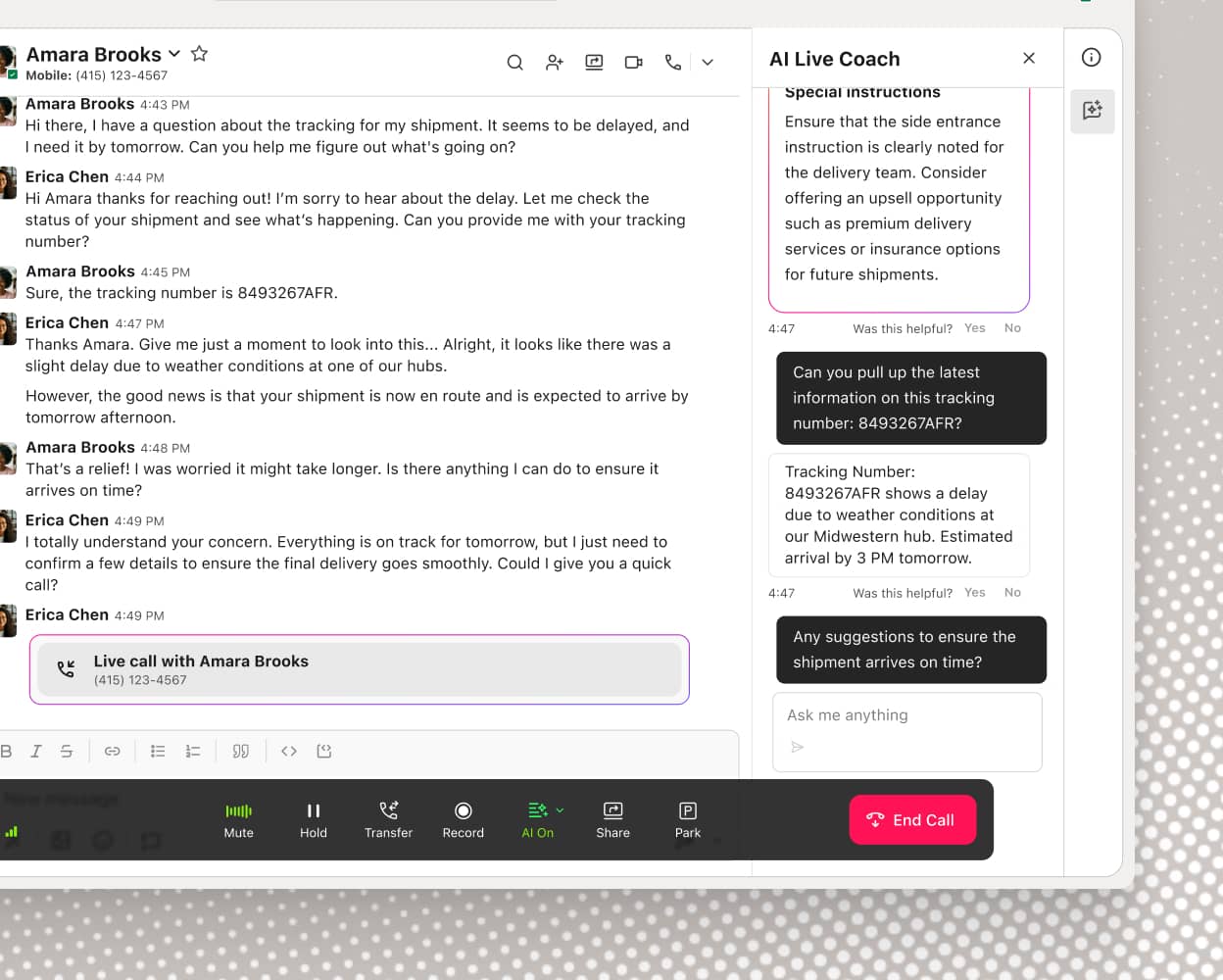 Screenshot of AI Live Coach cards in Dialpad, created by admins to automatically guide contact center agents during calls