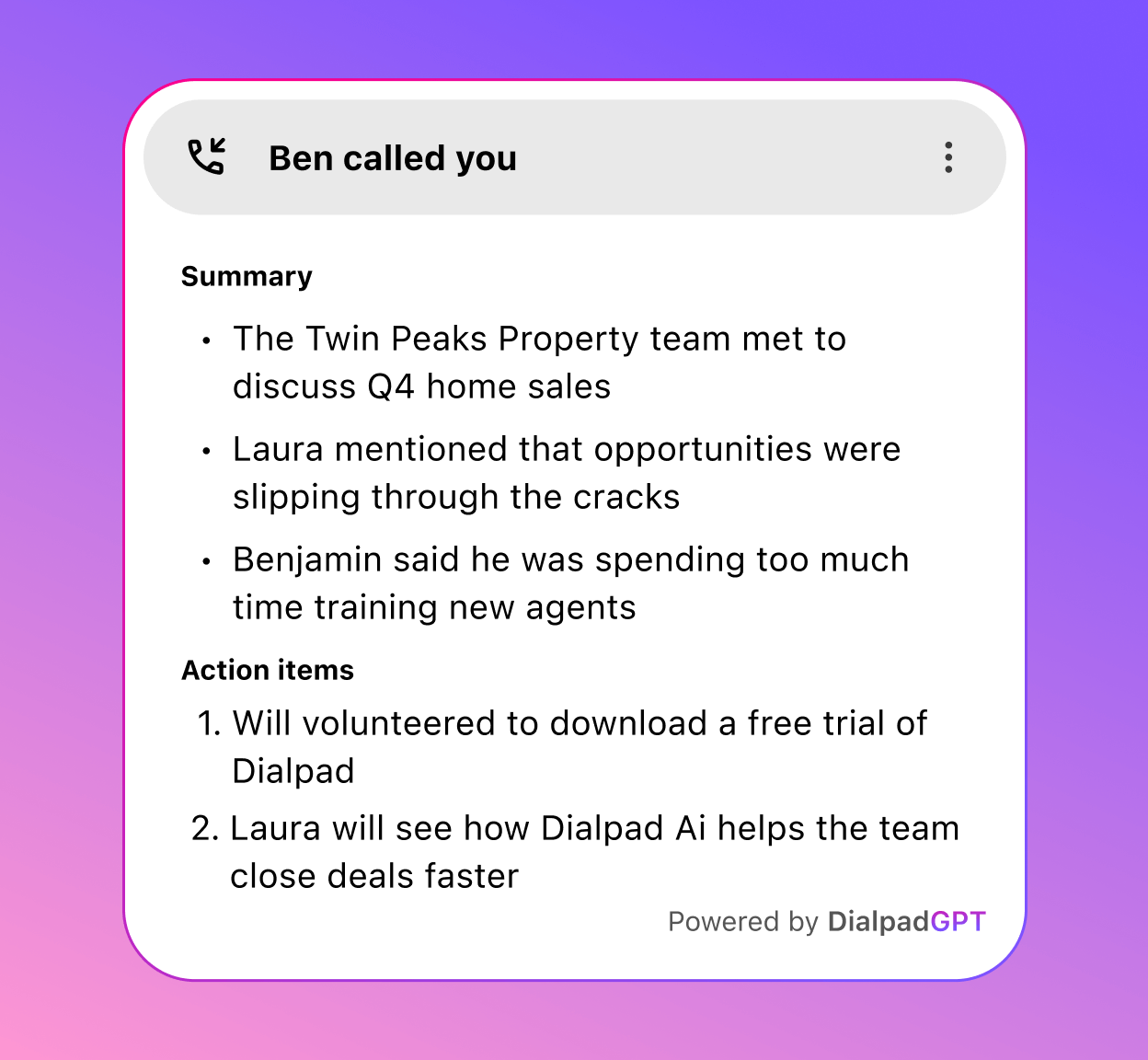 Capture d'écran de la fonctionnalité Dialpad Ai Recaps générant un résumé d'appel et une liste d'actions