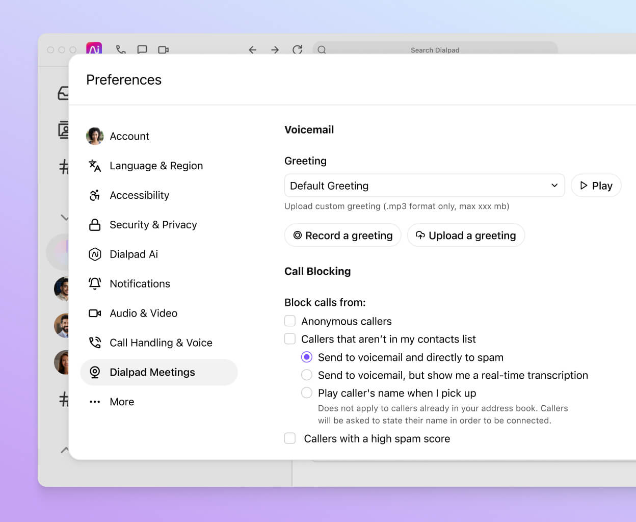 Screenshot of uploading a custom queue greeting in Dialpad