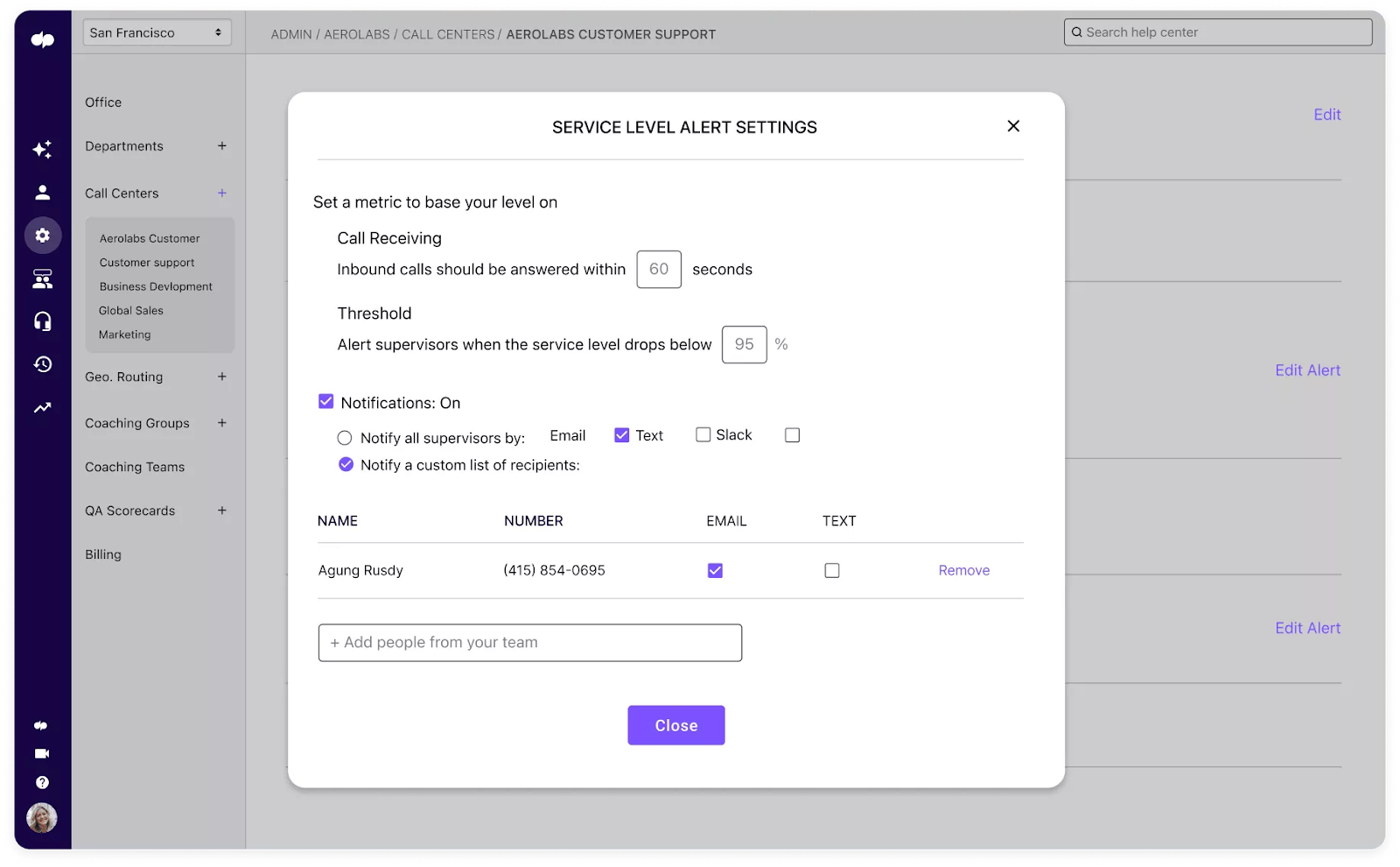 Service level alert settings in Dialpad, which make it easier to judge overall performance and respond accordingly