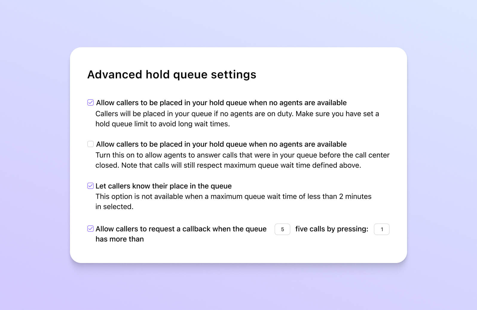 Screenshot of advanced hold queue settings in Dialpad