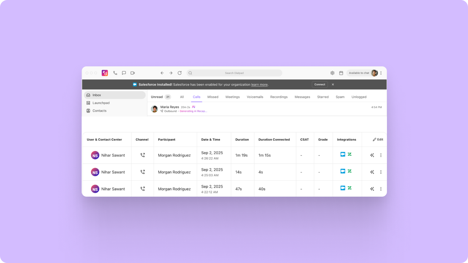 91. Improved Salesforce integration and call logging
