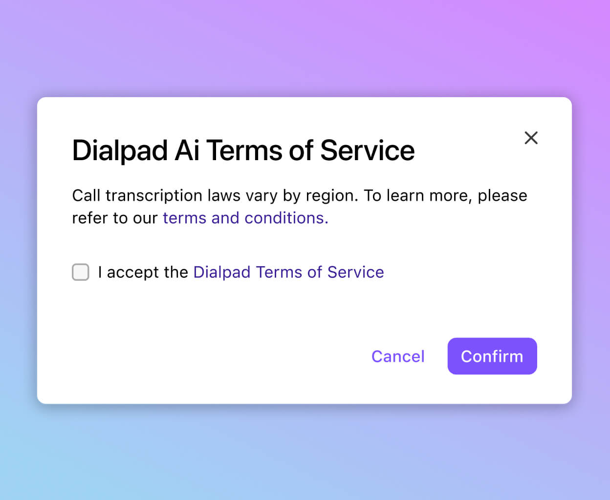 Screenshot of an application prompt showing Dialpad AI Terms of Service