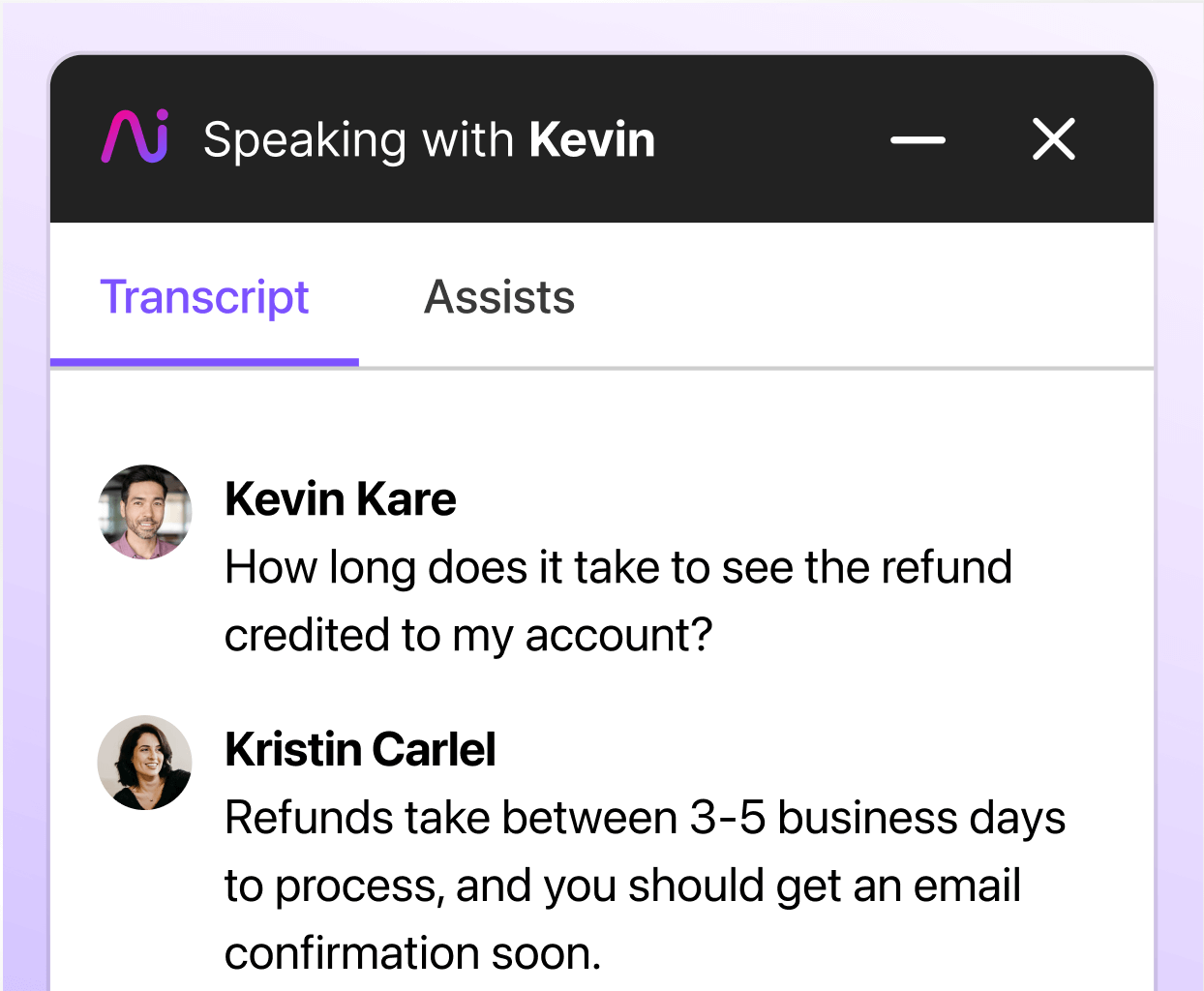 Screenshot of Dialpad AI transcribing a phone call in real time