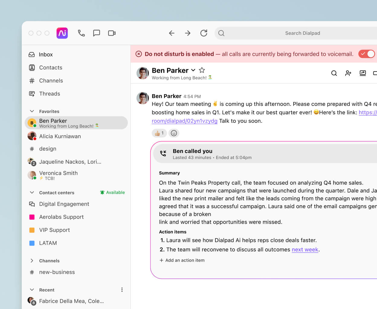 Screenshot of Dialpads do not disturb feature blocking a call